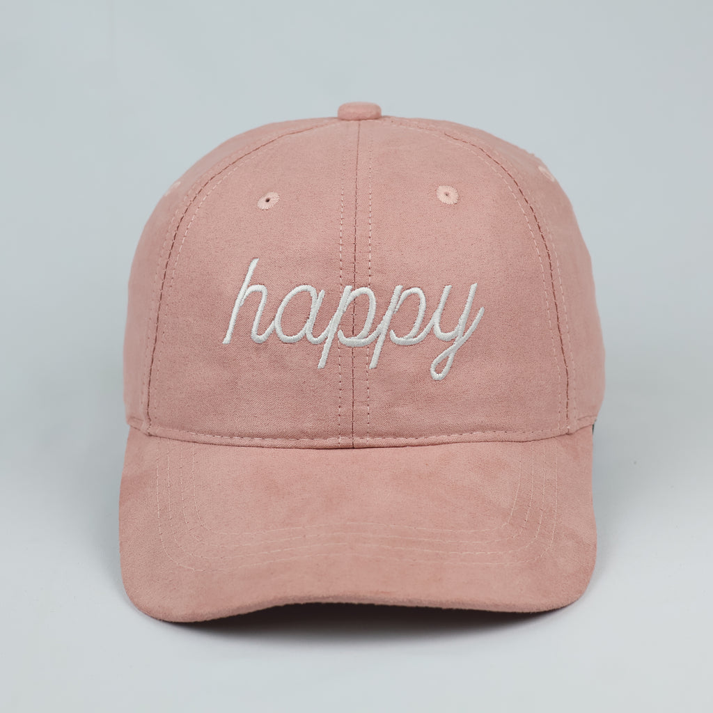 Pastel Pink Faux Suede Happy Script Embroidered Baseball Cap