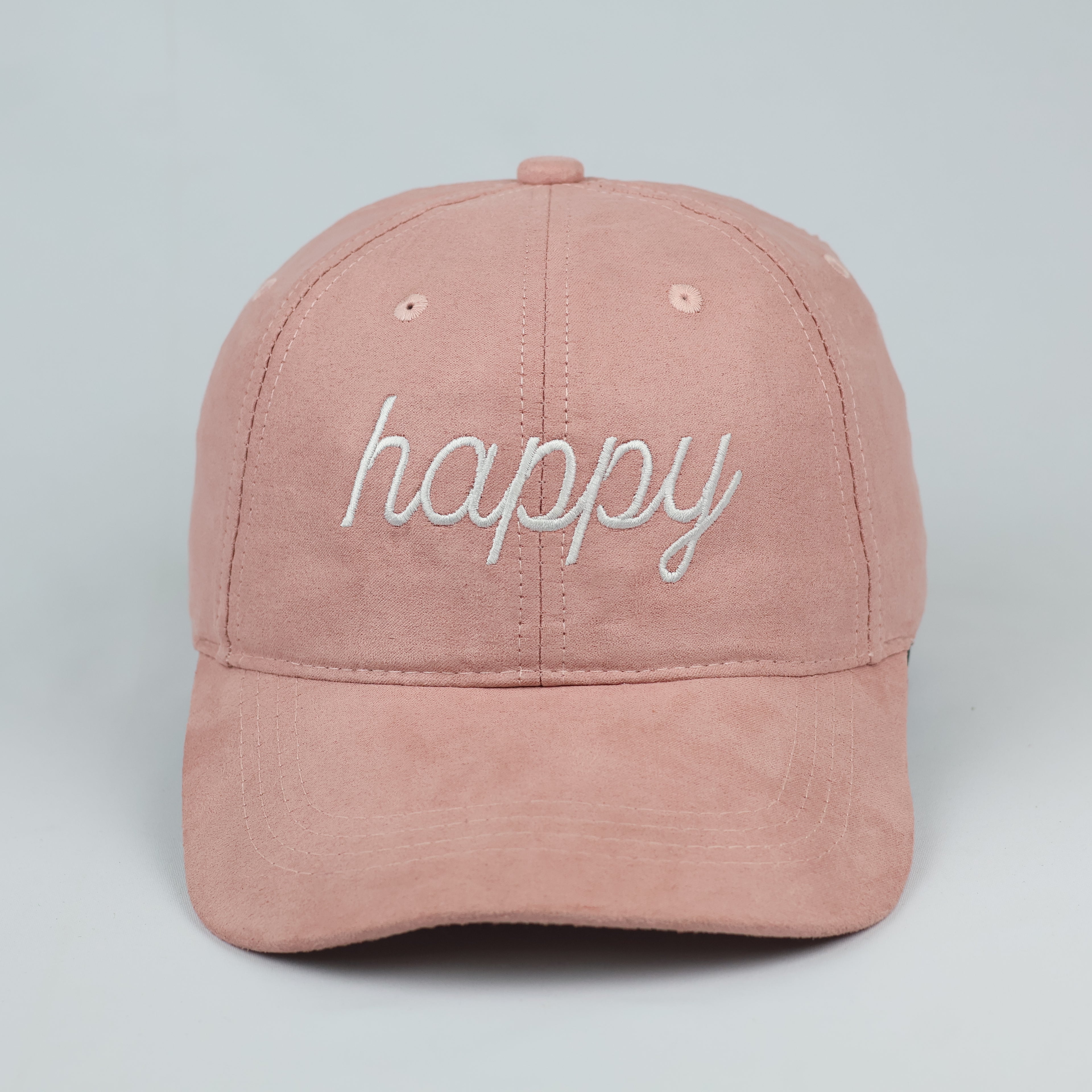 Pastel Pink Faux Suede Happy Script Embroidered Baseball Cap
