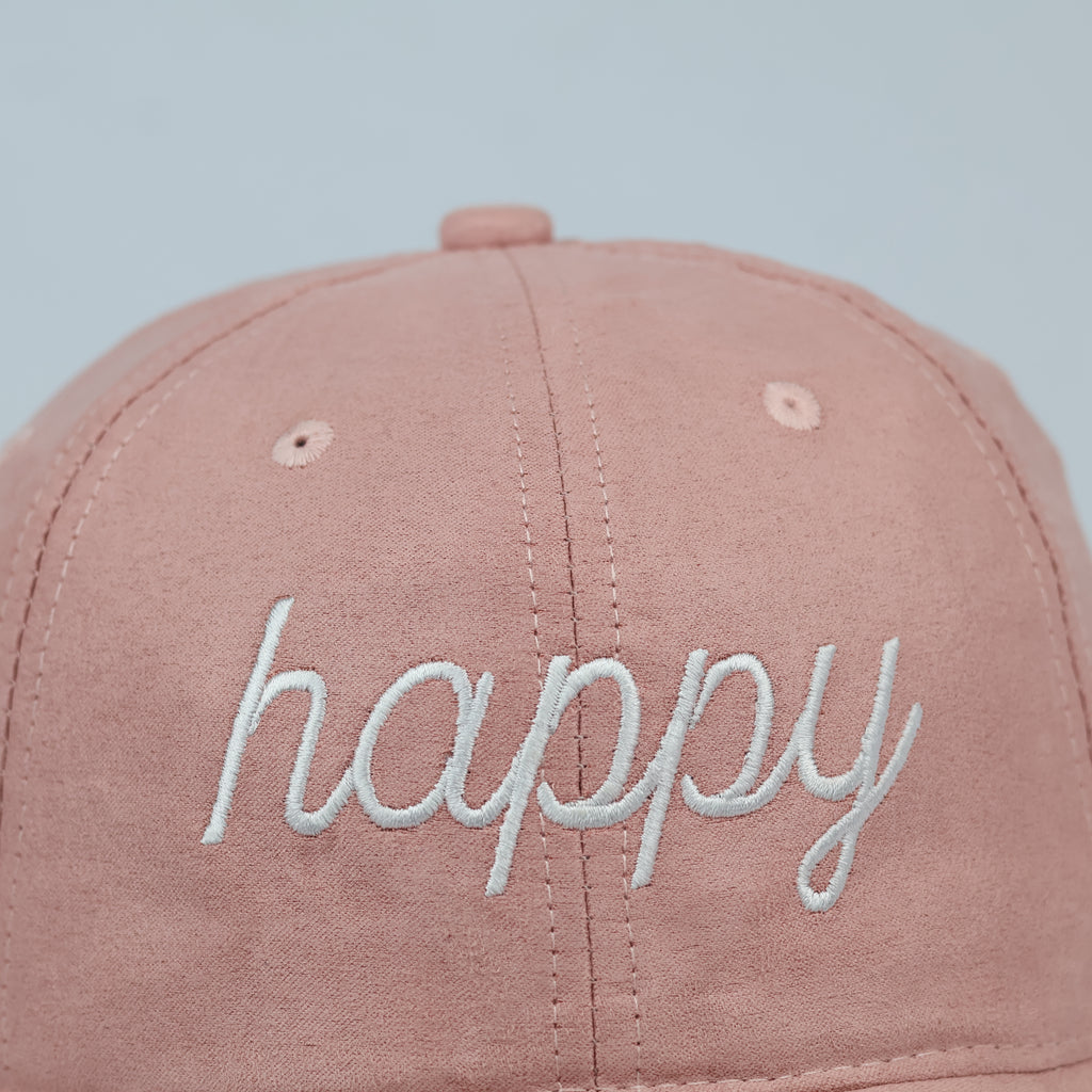 Pastel Pink Faux Suede Happy Script Embroidered Baseball Cap