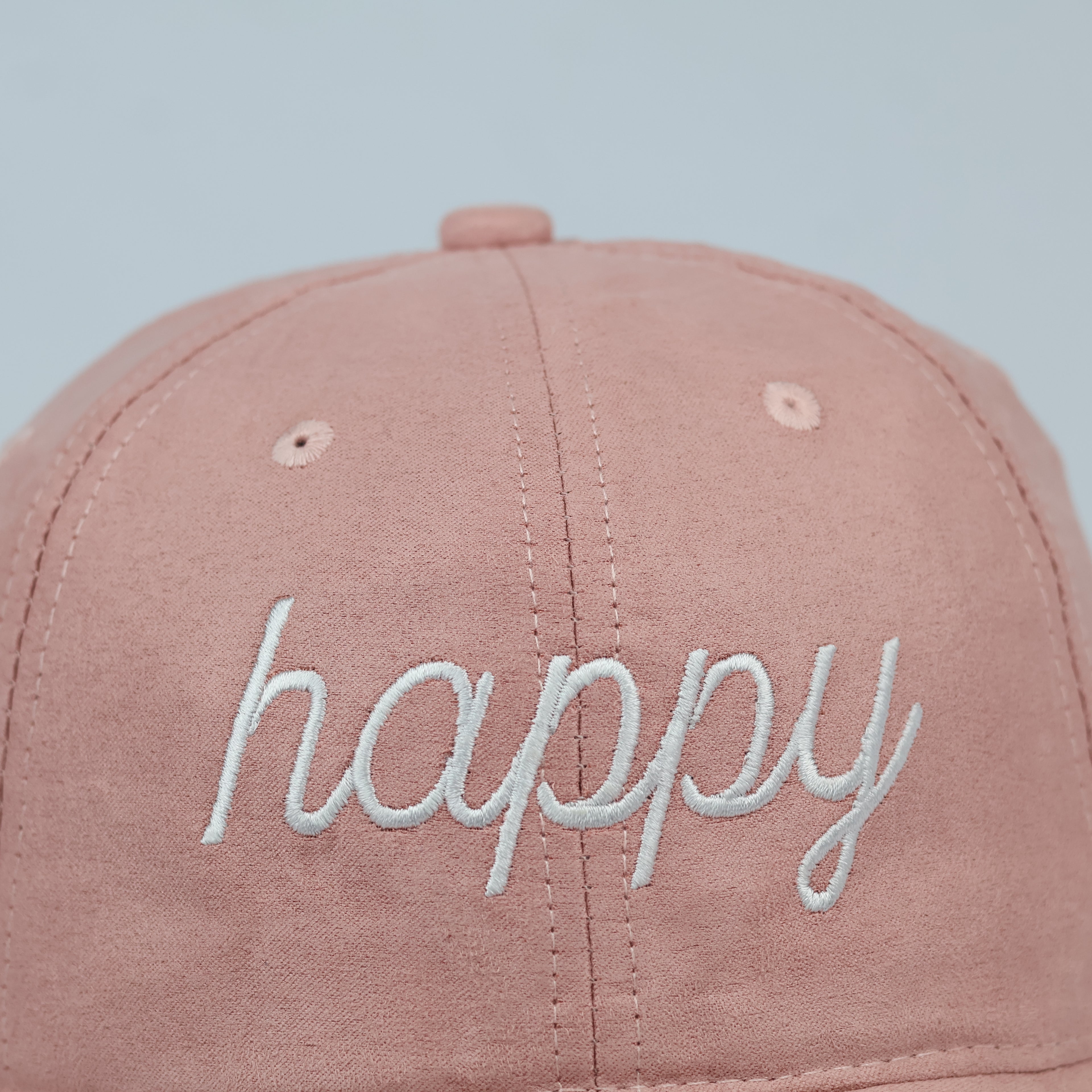 Pastel Pink Faux Suede Happy Script Embroidered Baseball Cap