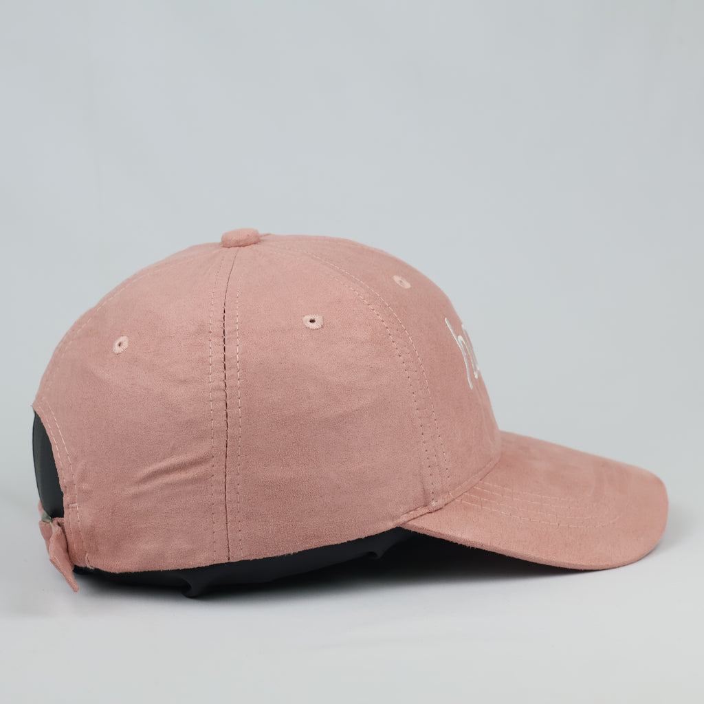 Pastel Pink Faux Suede Happy Script Embroidered Baseball Cap