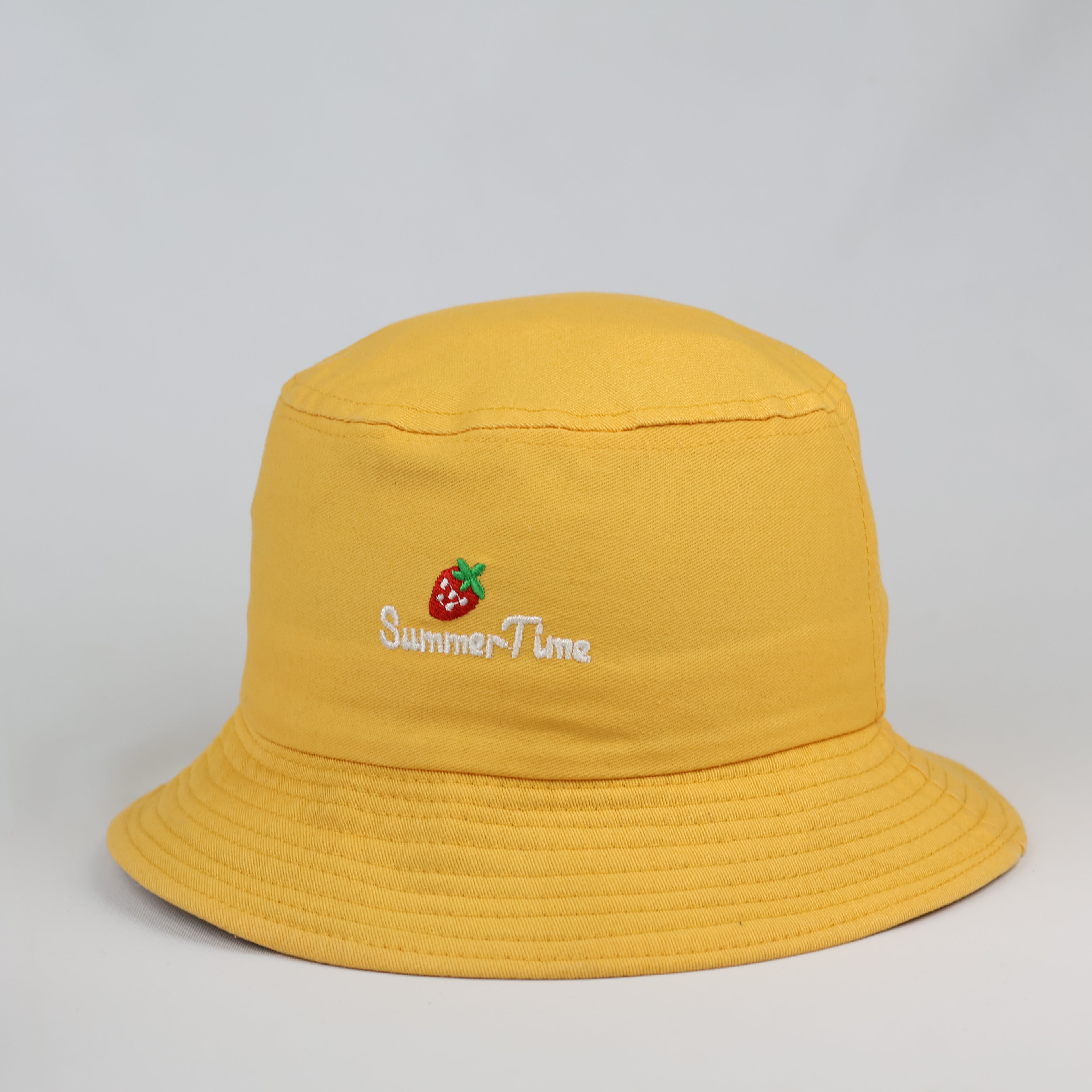 Thrifted Pastel Mustard Bucket Hat with Cute Strawberry Embroidery