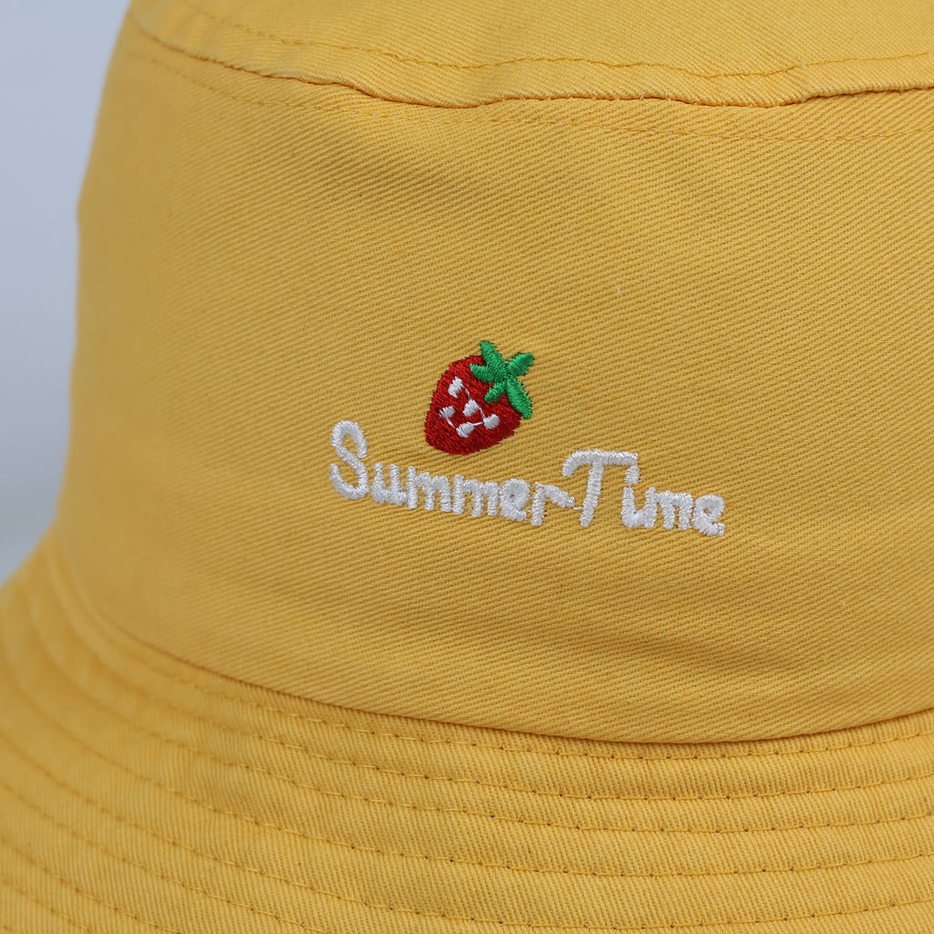 Thrifted Pastel Mustard Bucket Hat with Cute Strawberry Embroidery