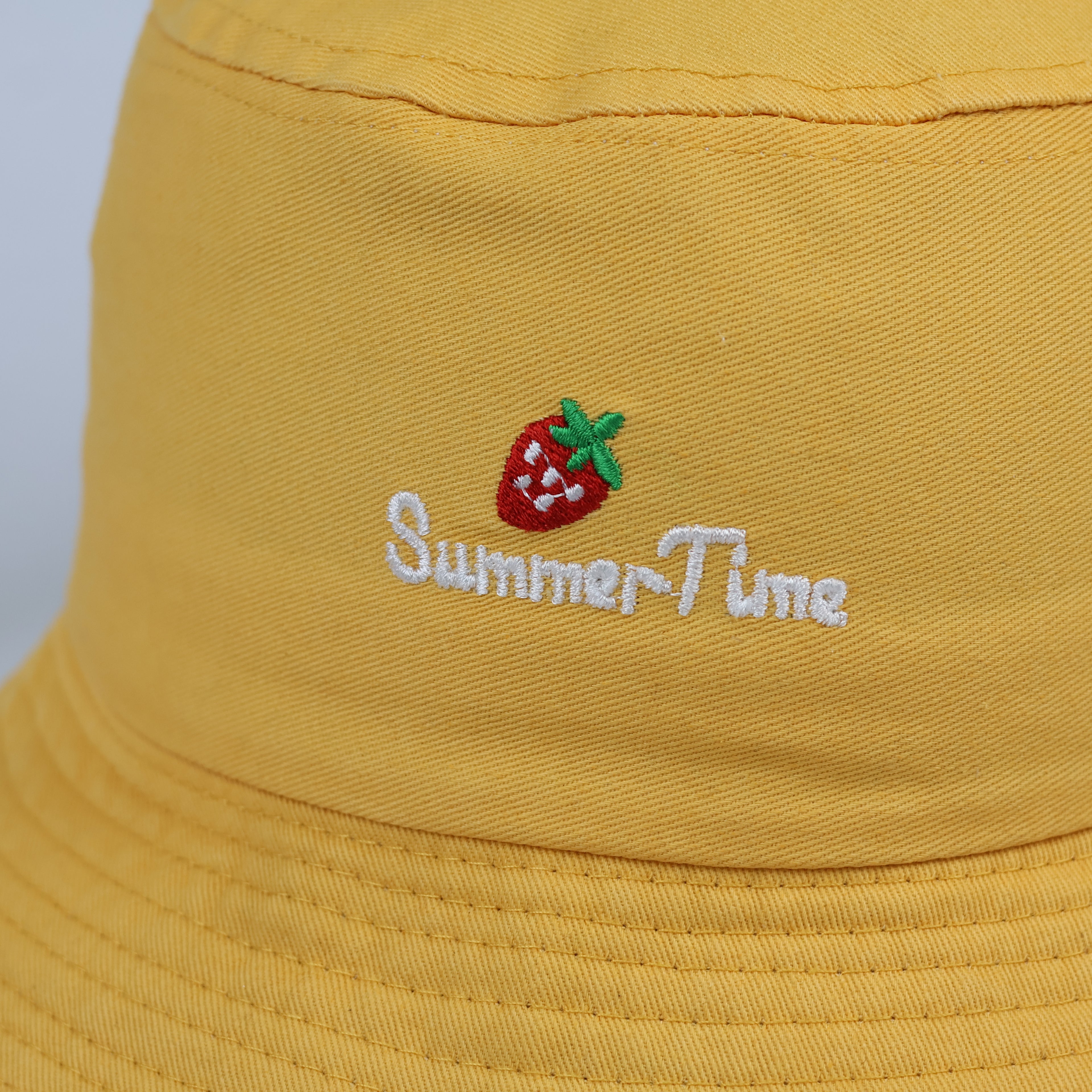 Thrifted Pastel Mustard Bucket Hat with Cute Strawberry Embroidery