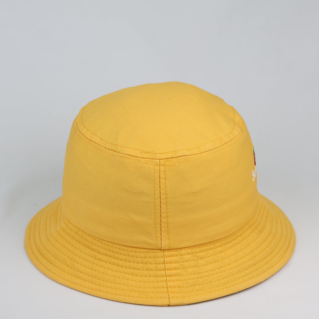 Thrifted Pastel Mustard Bucket Hat with Cute Strawberry Embroidery