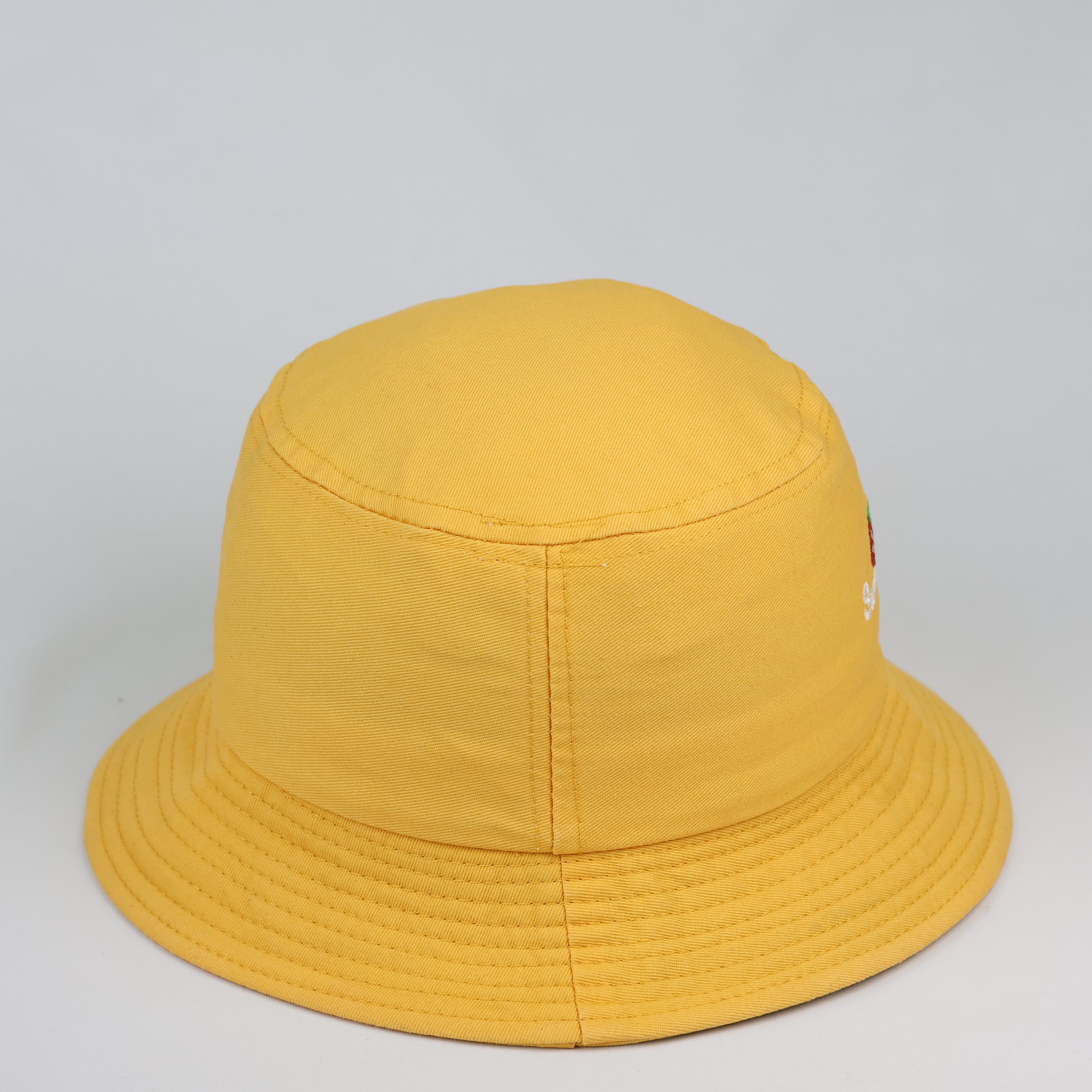 Thrifted Pastel Mustard Bucket Hat with Cute Strawberry Embroidery