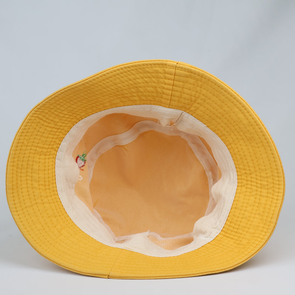 Thrifted Pastel Mustard Bucket Hat with Cute Strawberry Embroidery