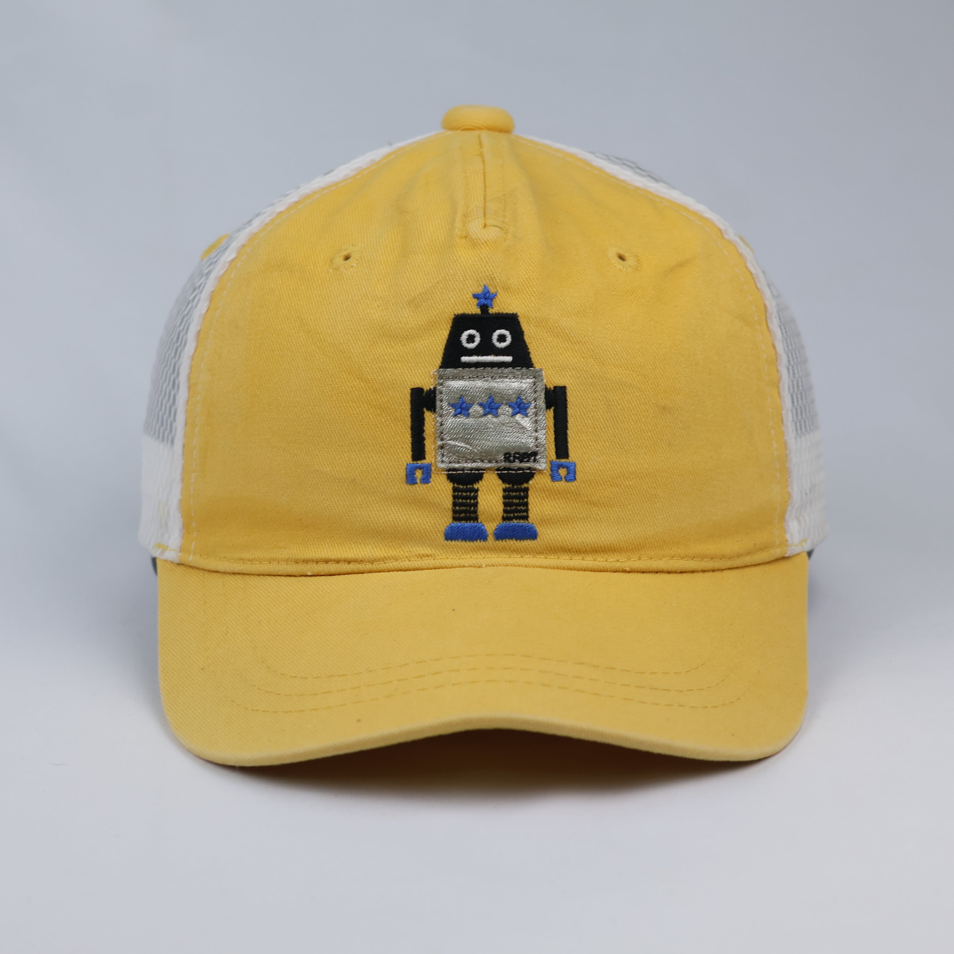 R:Robot Yellow Graphic Trucker Baseball Thrifted Hat