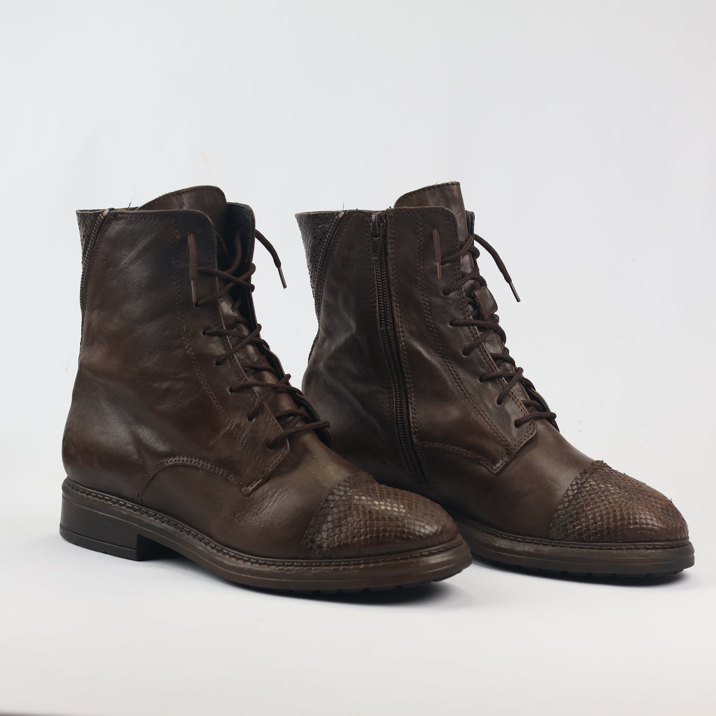 Vintage Brown Leather Lace-Up Boots with Snakeskin Detail