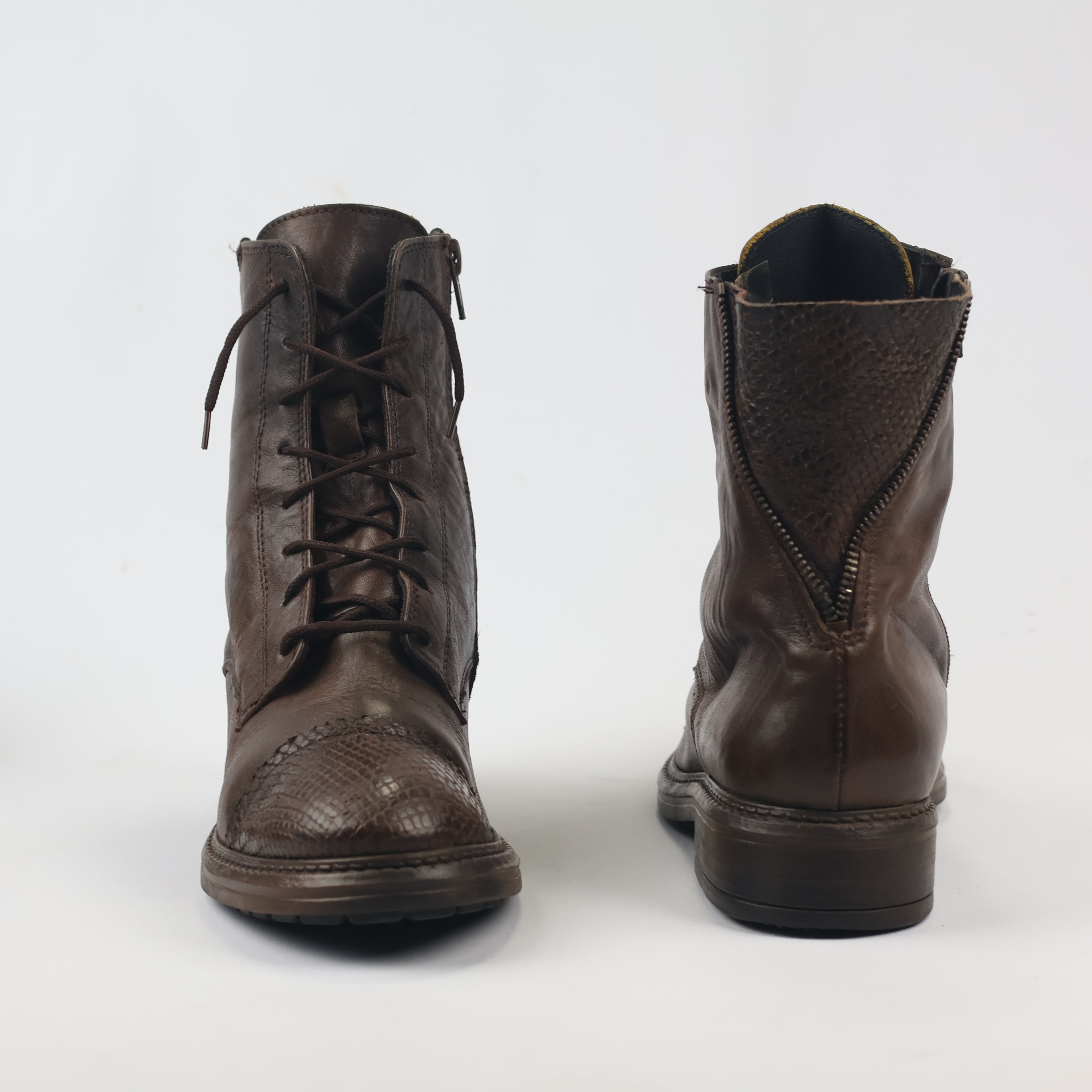 Vintage Brown Leather Lace-Up Boots with Snakeskin Detail