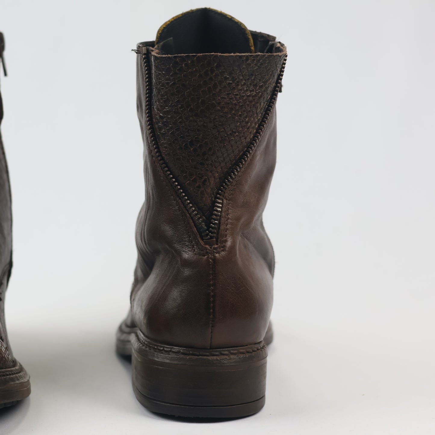 Vintage Brown Leather Lace-Up Boots with Snakeskin Detail