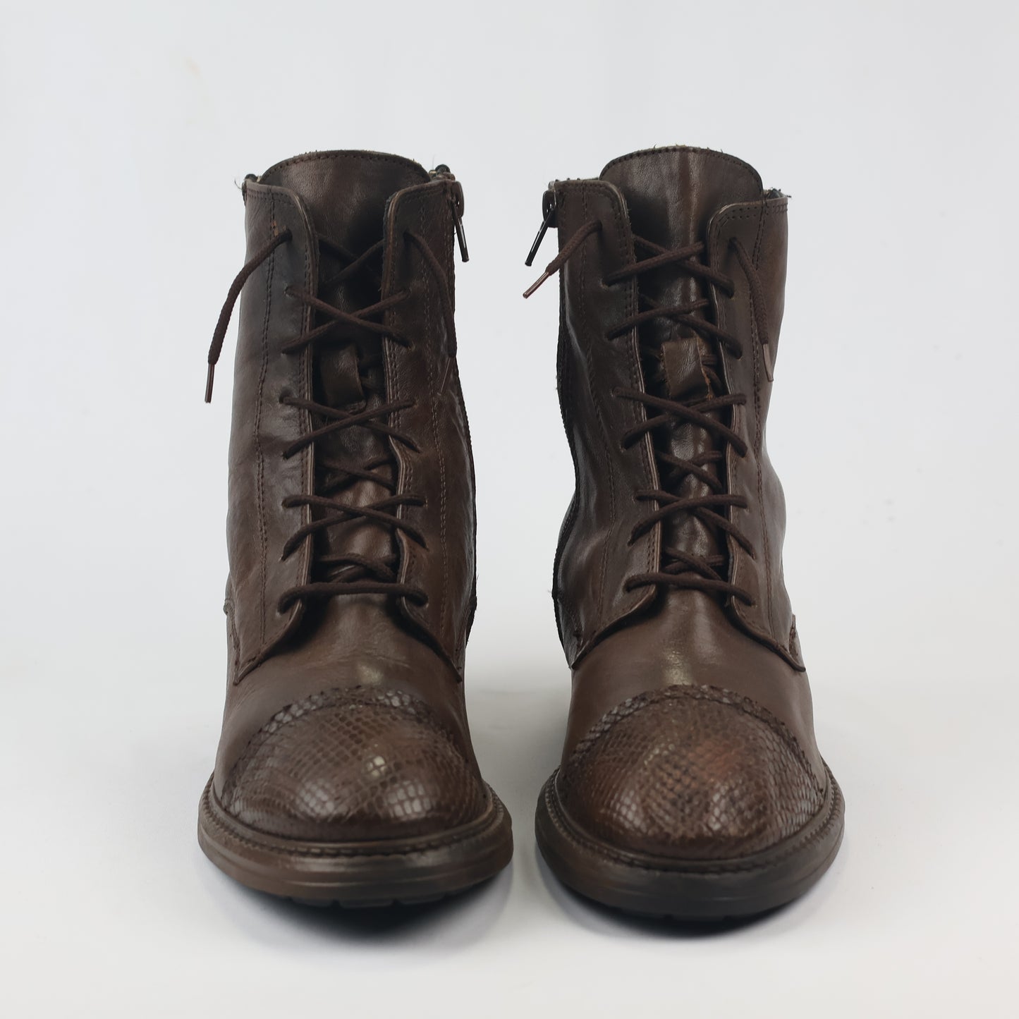 Vintage Brown Leather Lace-Up Boots with Snakeskin Detail