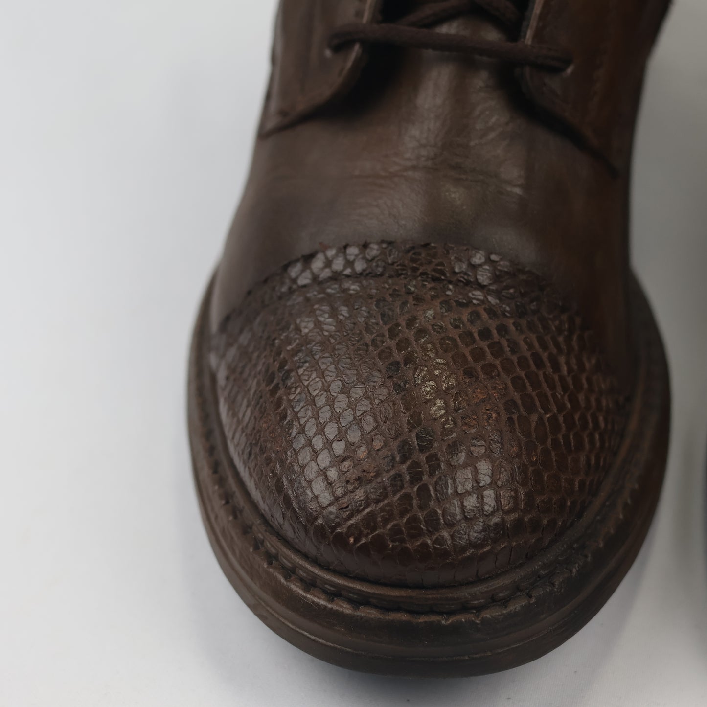 Vintage Brown Leather Lace-Up Boots with Snakeskin Detail