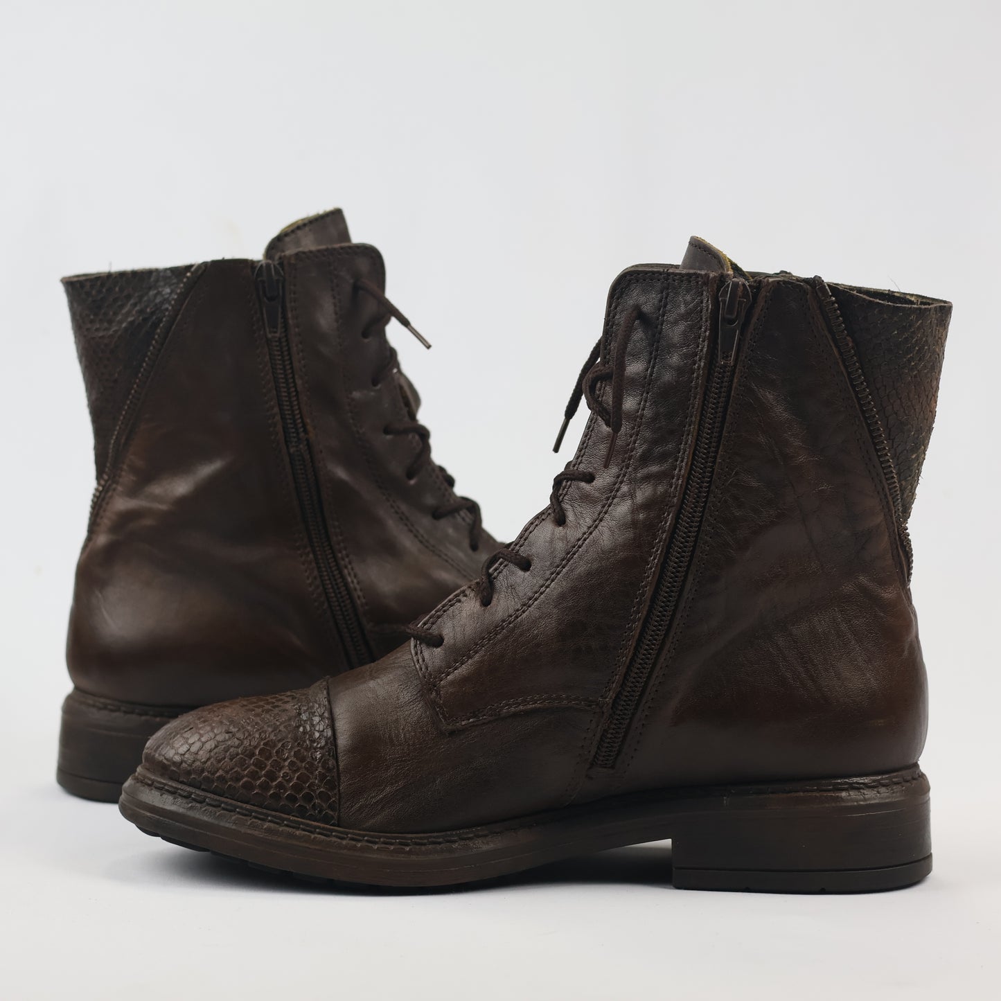 Vintage Brown Leather Lace-Up Boots with Snakeskin Detail