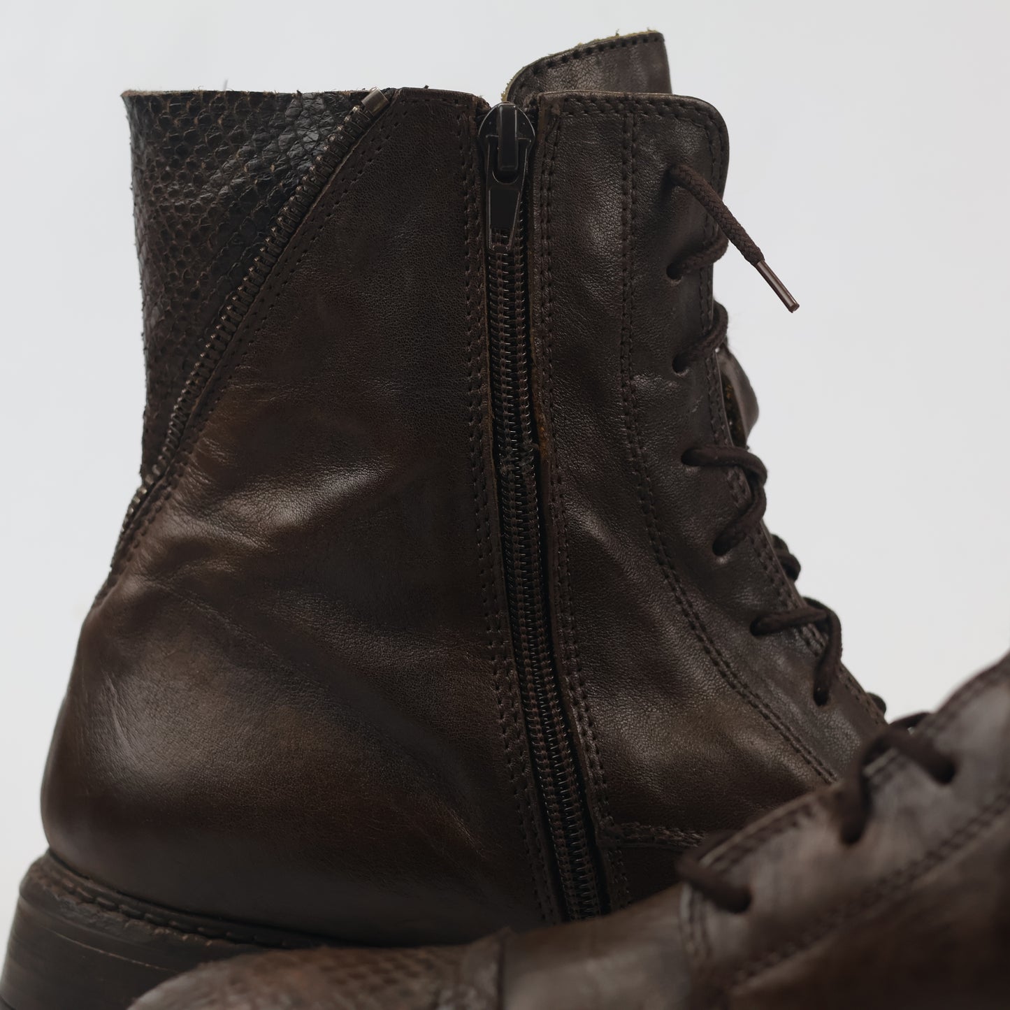 Vintage Brown Leather Lace-Up Boots with Snakeskin Detail