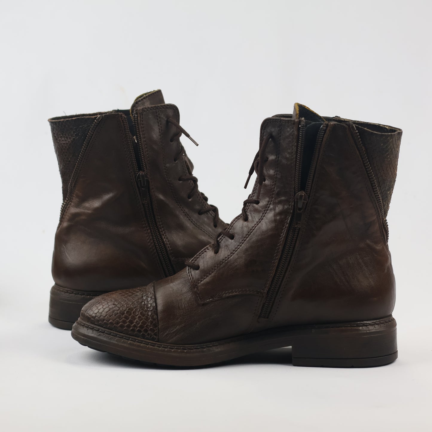 Vintage Brown Leather Lace-Up Boots with Snakeskin Detail
