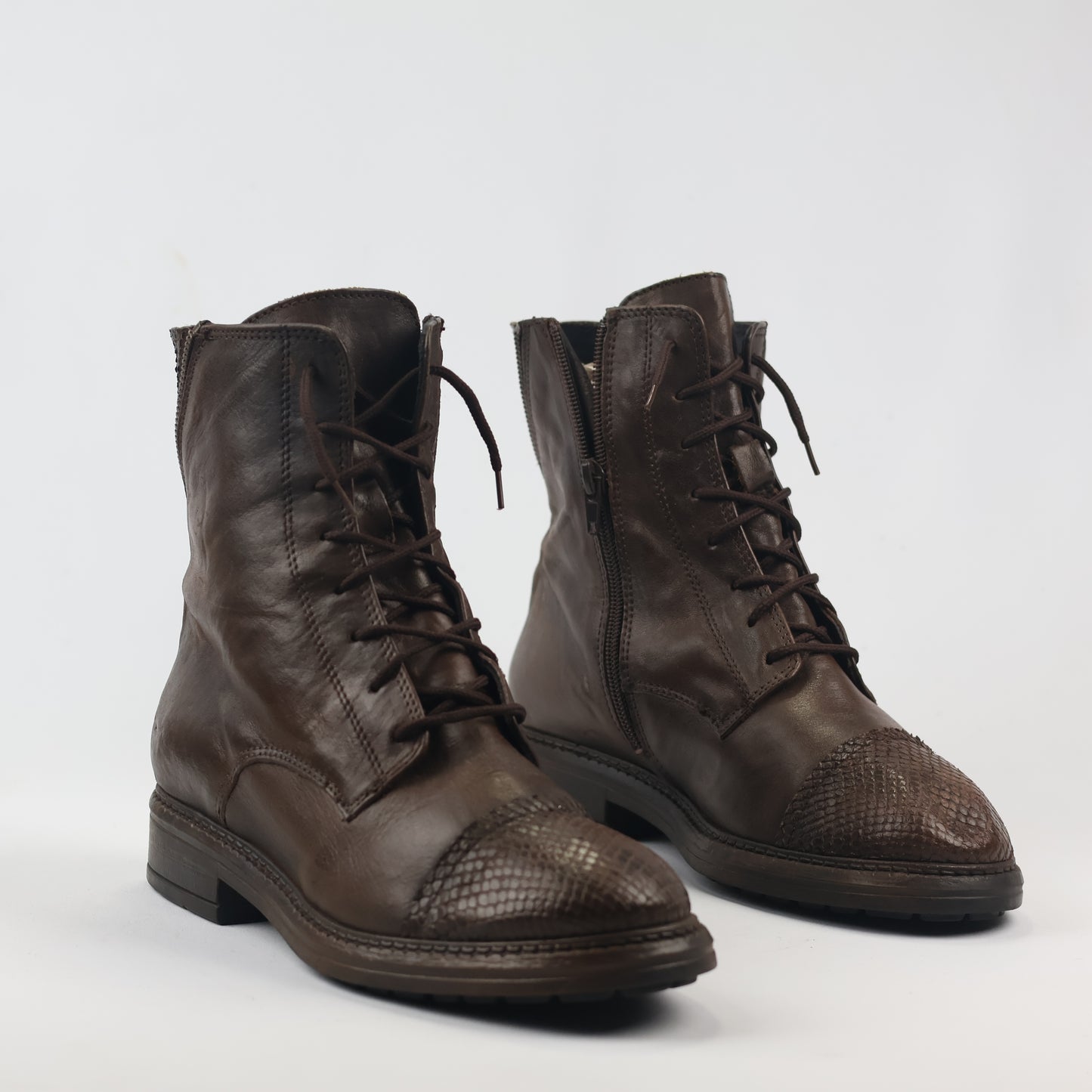Vintage Brown Leather Lace-Up Boots with Snakeskin Detail