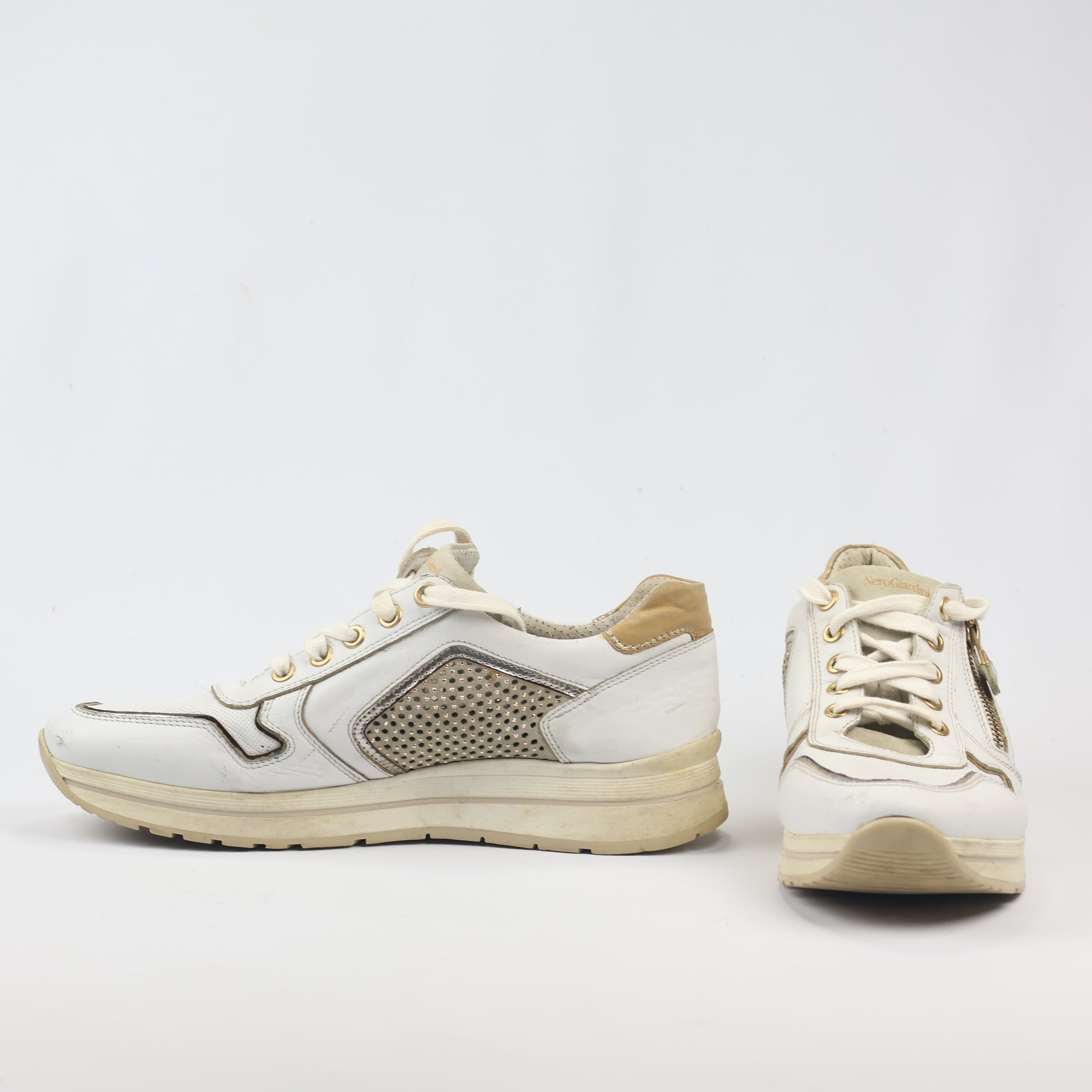 NeroGiardini Made in Italy White Leather Thrifted Platform Sneakers – Size 40