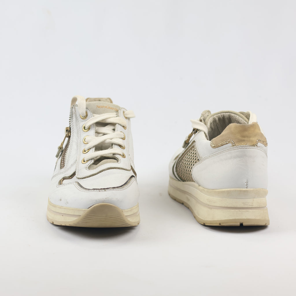 NeroGiardini Made in Italy White Leather Thrifted Platform Sneakers – Size 40