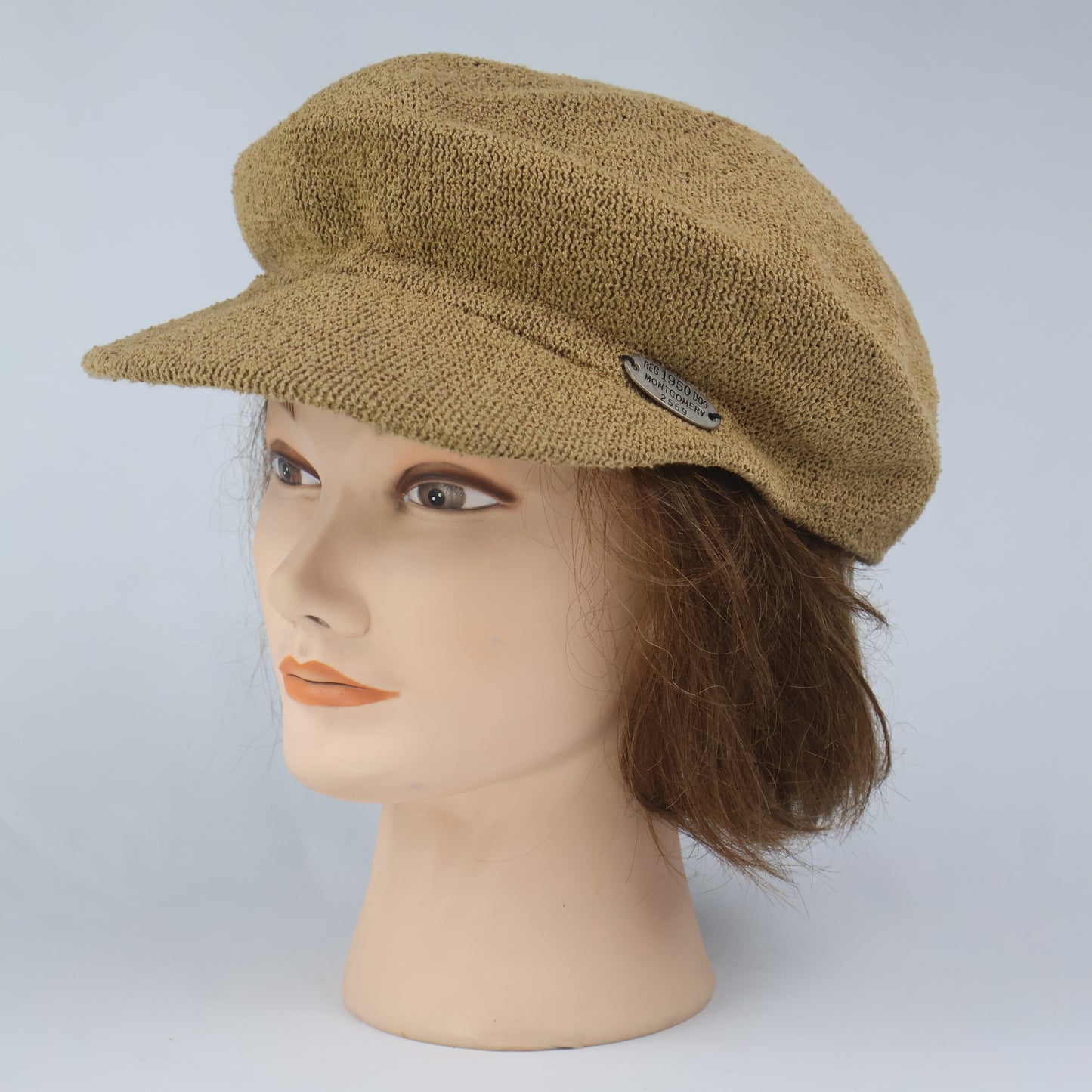Textured Newsboy Cap with Metal Plaque - Tan