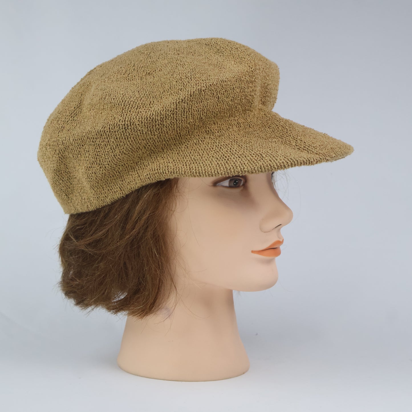 Textured Newsboy Cap with Metal Plaque - Tan