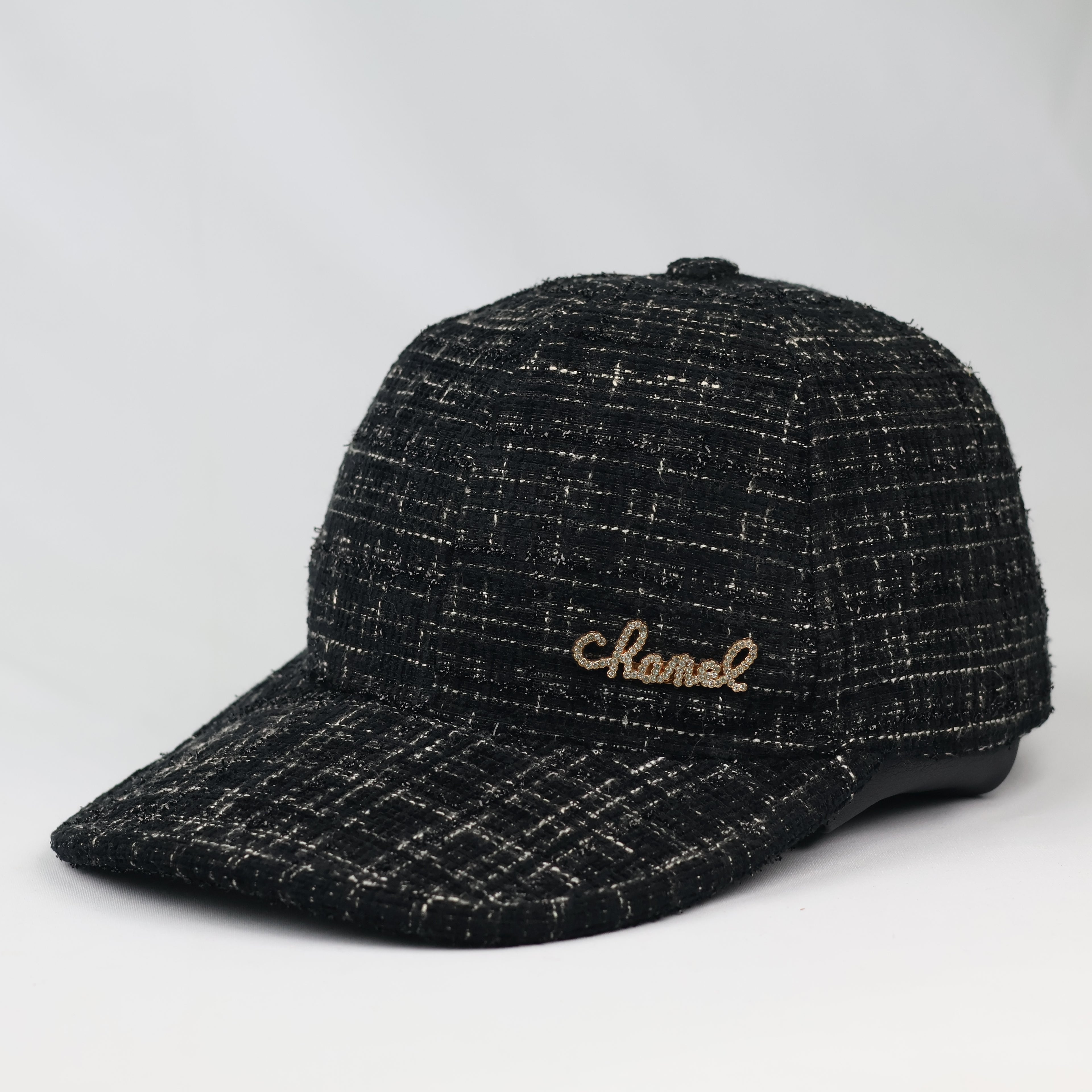 Chanel Crystal Replica Black Tweed Strapback Thrifted Cap