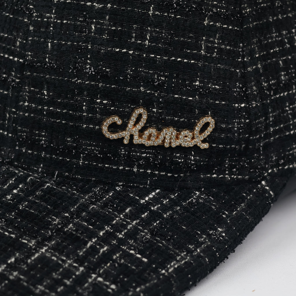 Chanel Crystal Replica Black Tweed Strapback Thrifted Cap