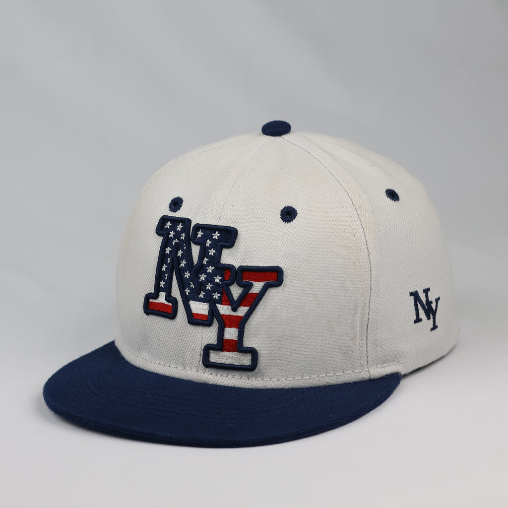 Thrifted NY USA Flag Embroidered White Snapback Cap
