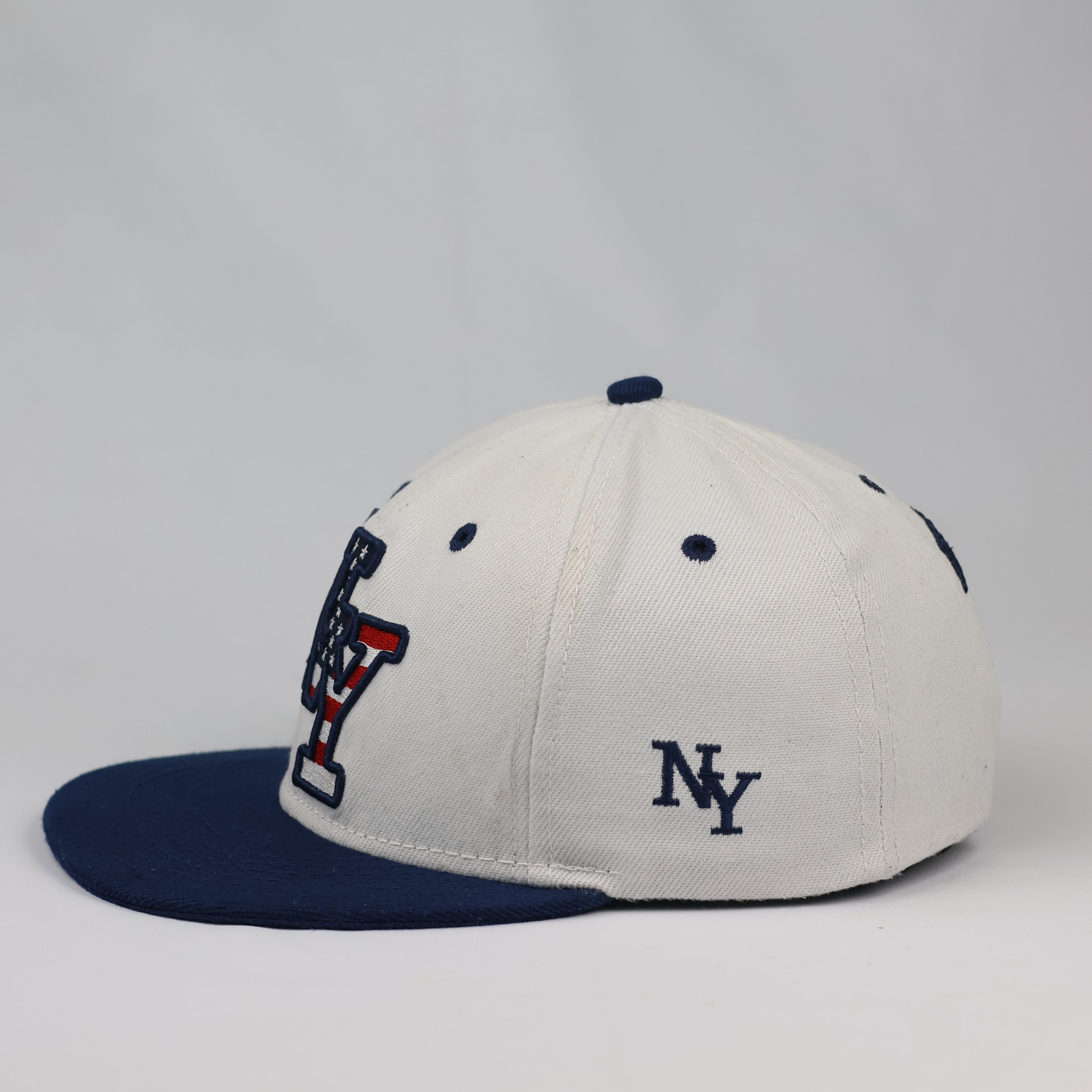 Thrifted NY USA Flag Embroidered White Snapback Cap