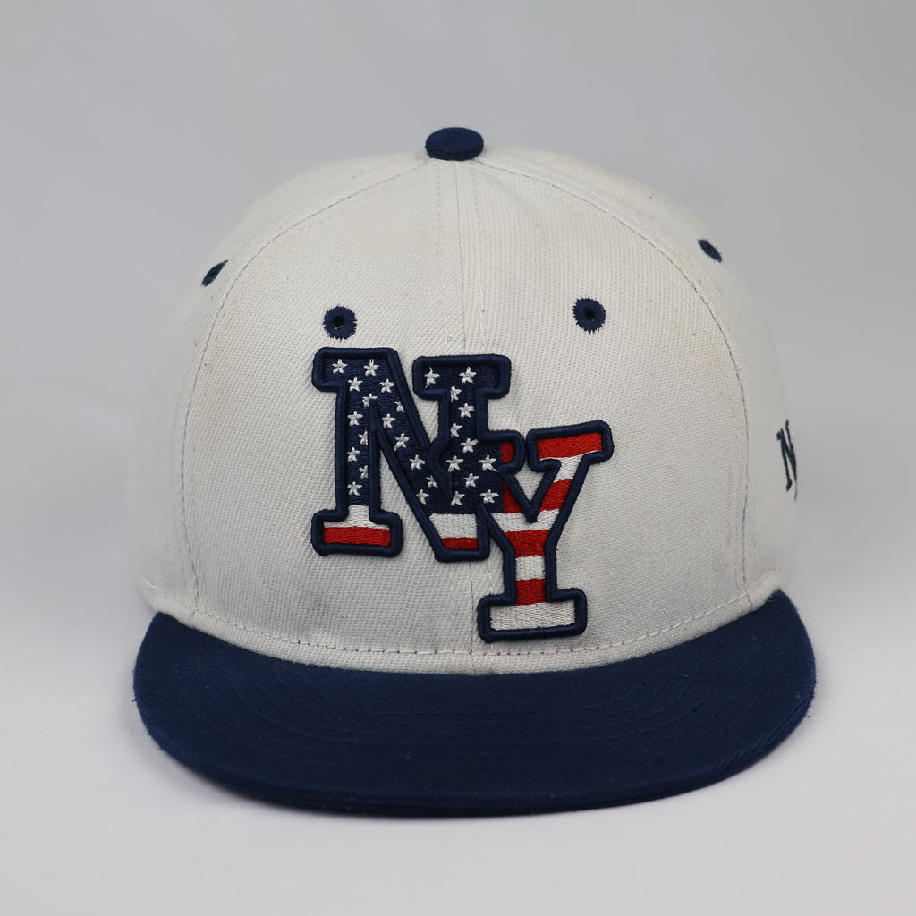 Thrifted NY USA Flag Embroidered White Snapback Cap