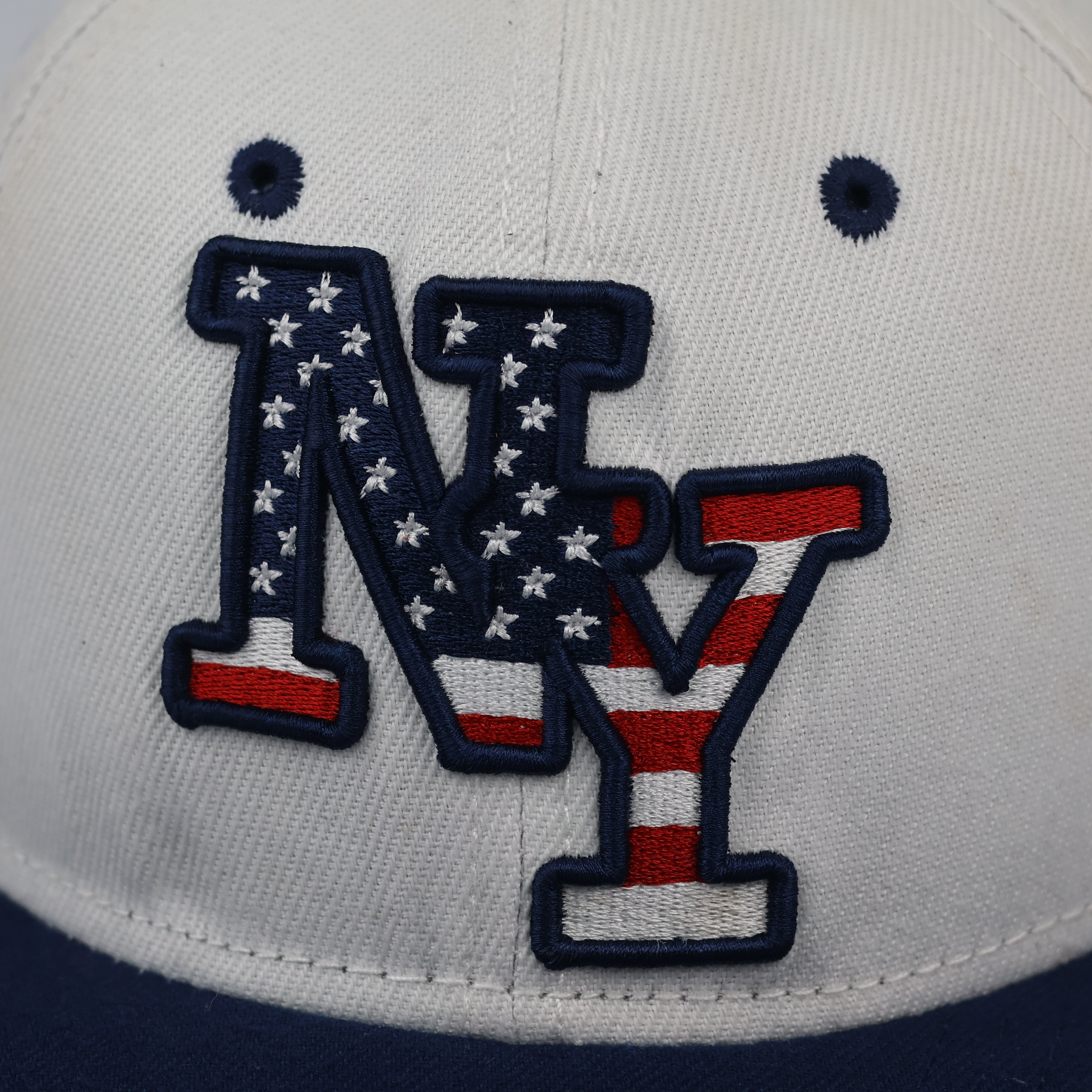 Thrifted NY USA Flag Embroidered White Snapback Cap