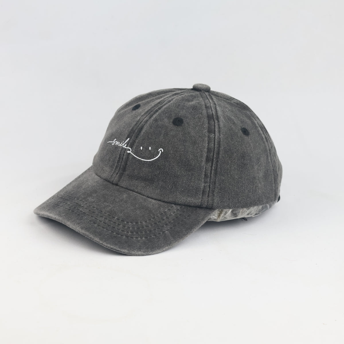 Thrifted Embroidered Smile Washed Cotton Dad Cap | Casual Grey Hat (52-54cm) | 10290