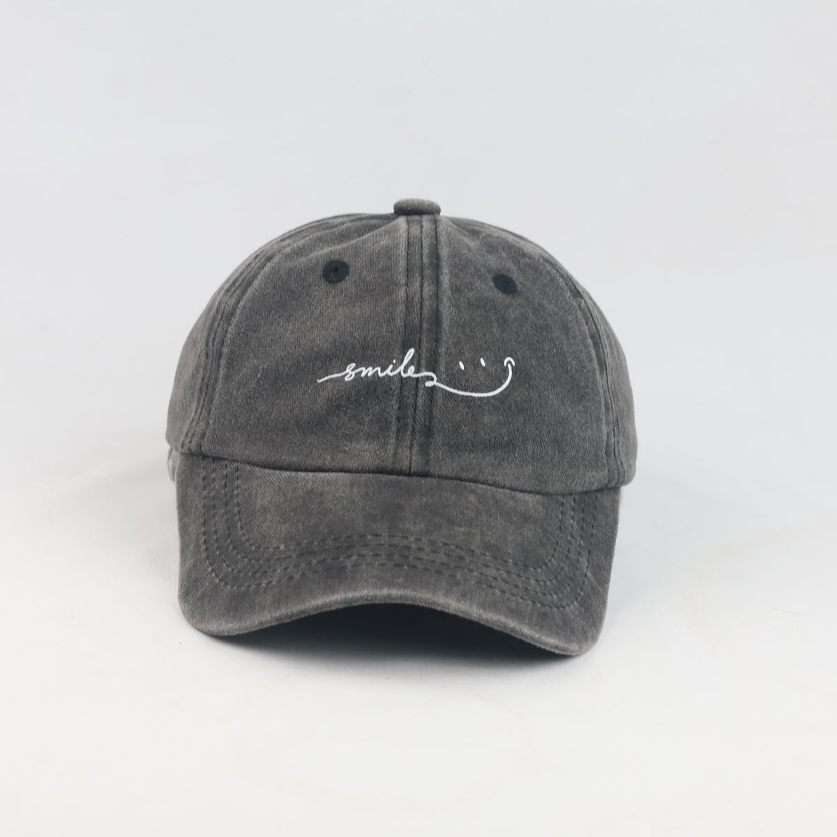 Thrifted Embroidered Smile Washed Cotton Dad Cap | Casual Grey Hat (52-54cm) | 10290
