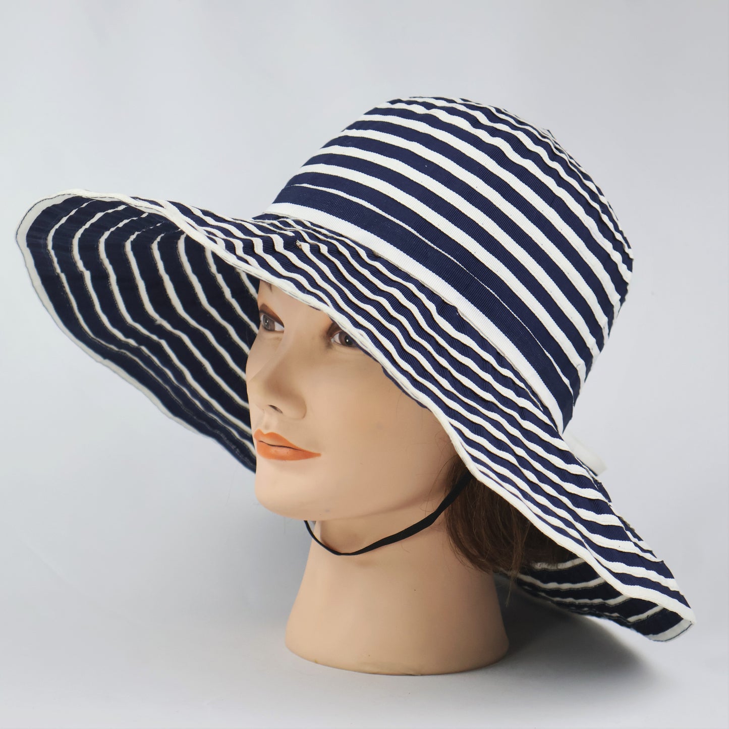 Floppy Striped Sun Hat with Bow - Navy & White