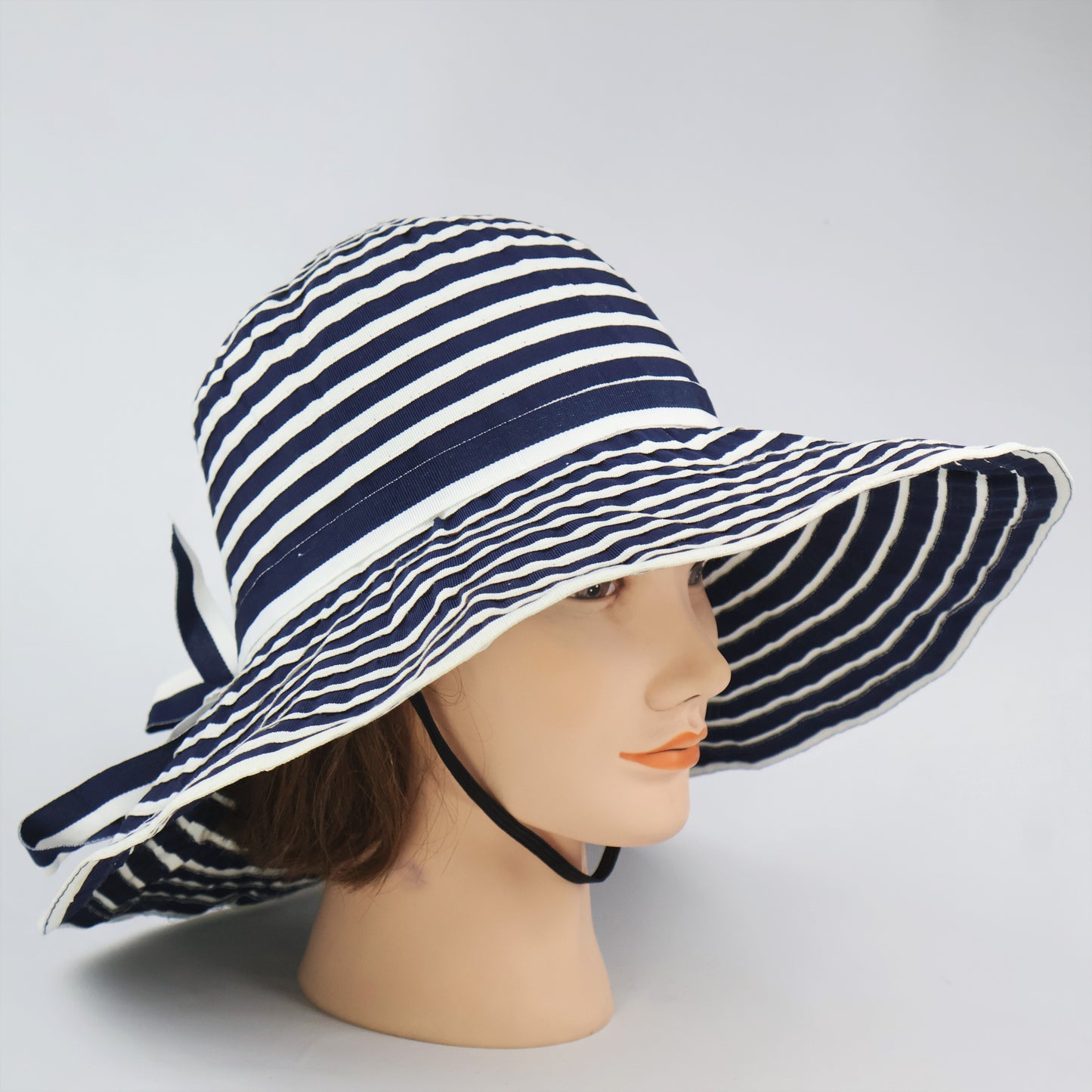 Floppy Striped Sun Hat with Bow - Navy & White