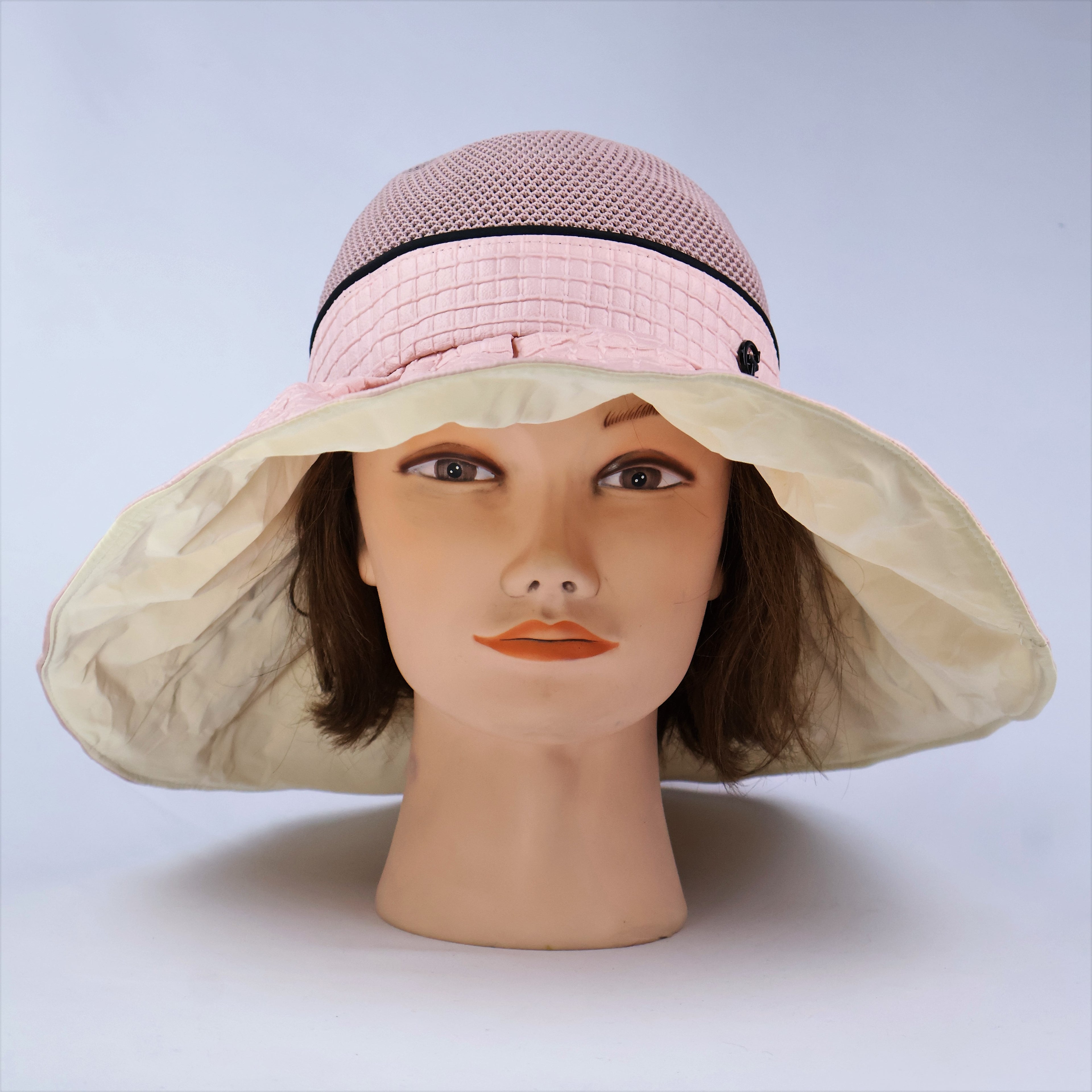 Wide Brim Sun Hat with Back Bow - Pink & Black Trim