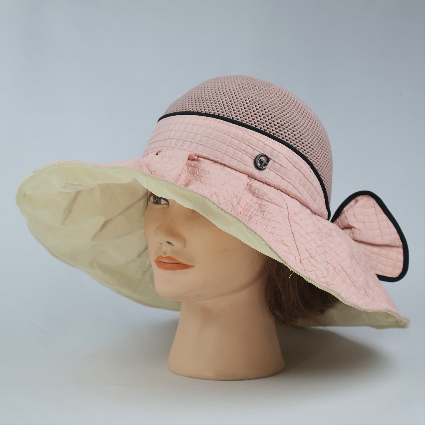 Wide Brim Sun Hat with Back Bow - Pink & Black Trim