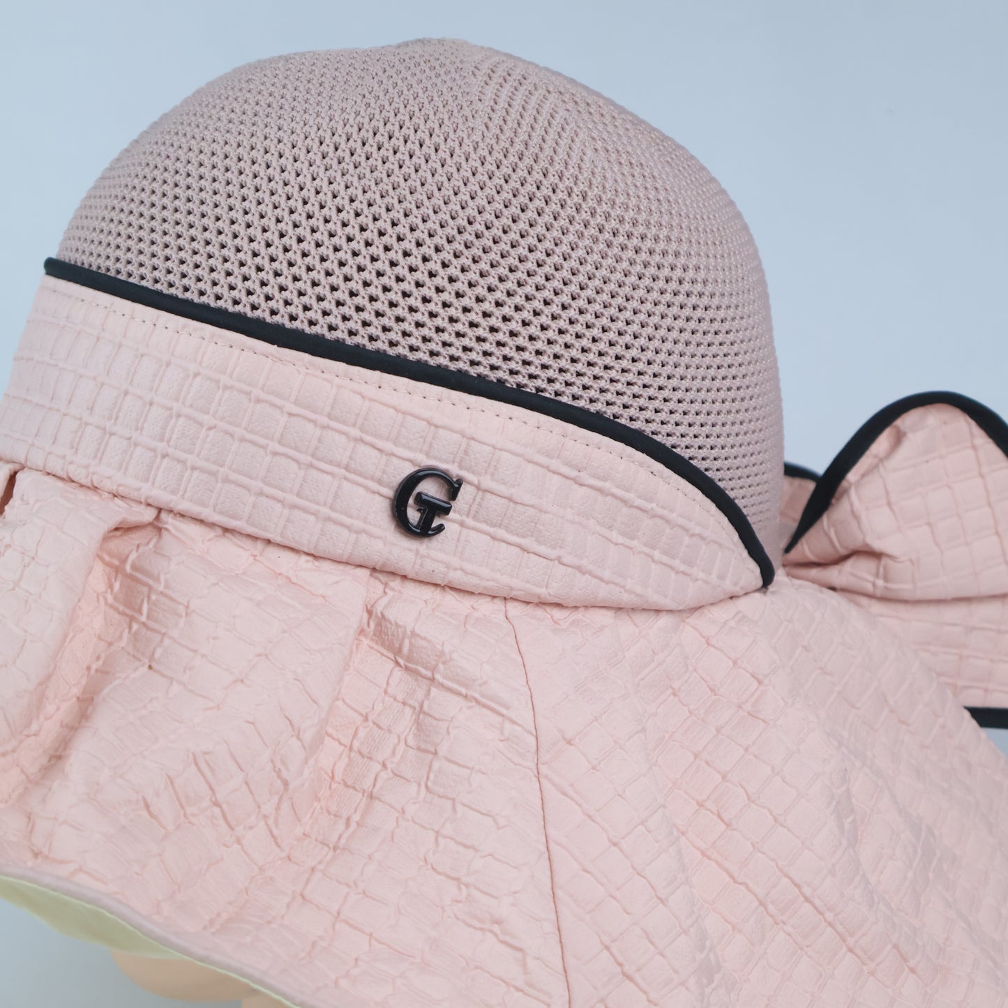 Wide Brim Sun Hat with Back Bow - Pink & Black Trim