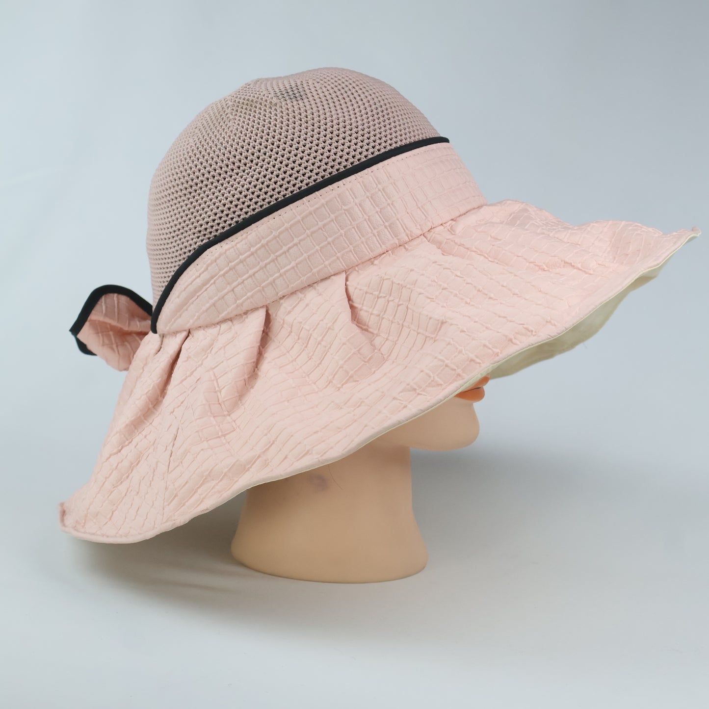 Wide Brim Sun Hat with Back Bow - Pink & Black Trim