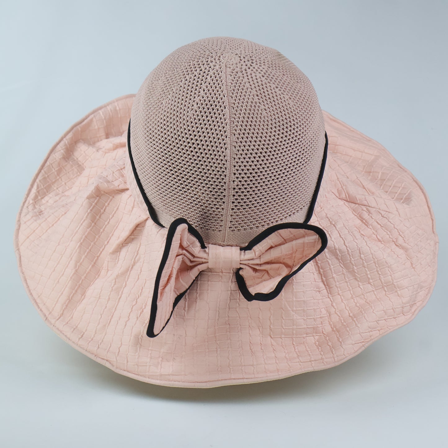 Wide Brim Sun Hat with Back Bow - Pink & Black Trim
