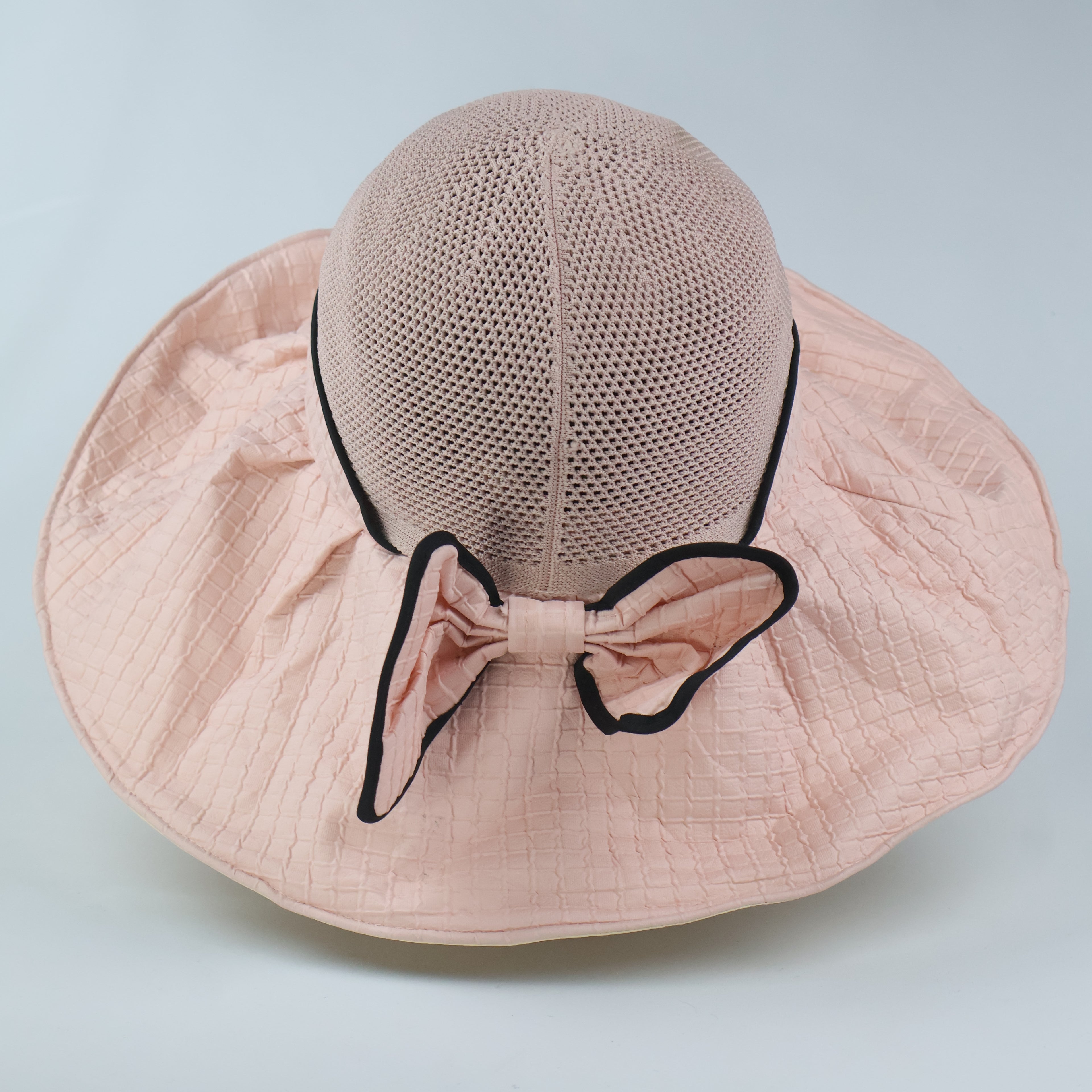 Wide Brim Sun Hat with Back Bow - Pink & Black Trim