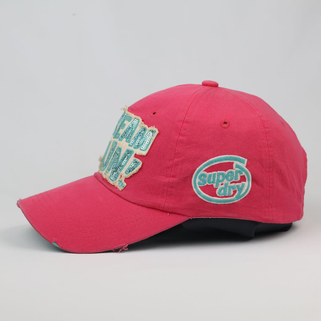 Thrifted Superdry Pink Sequin Patch Distressed Dad Hat