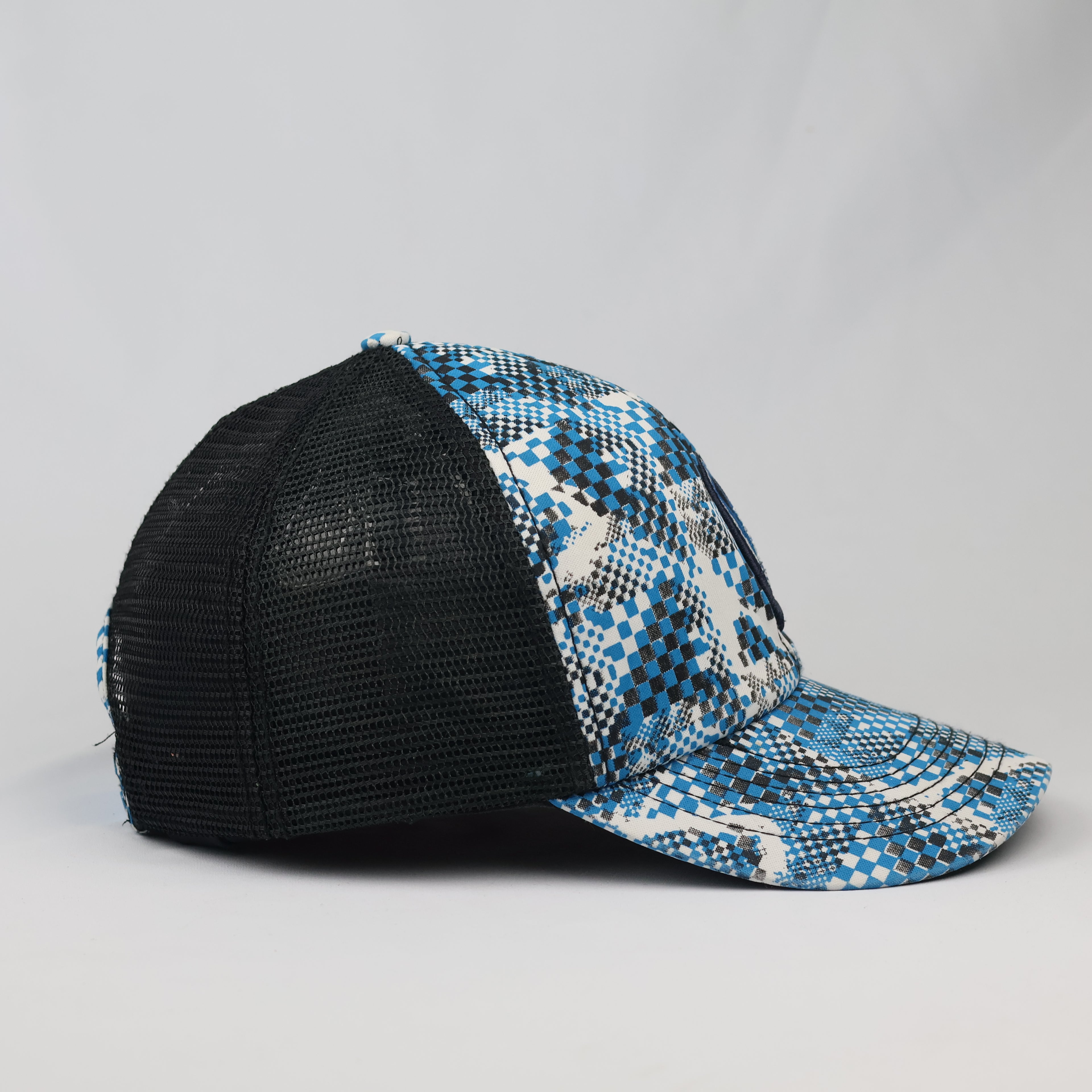 Thrifted Filaton Checker Print Black Mesh Trucker Cap