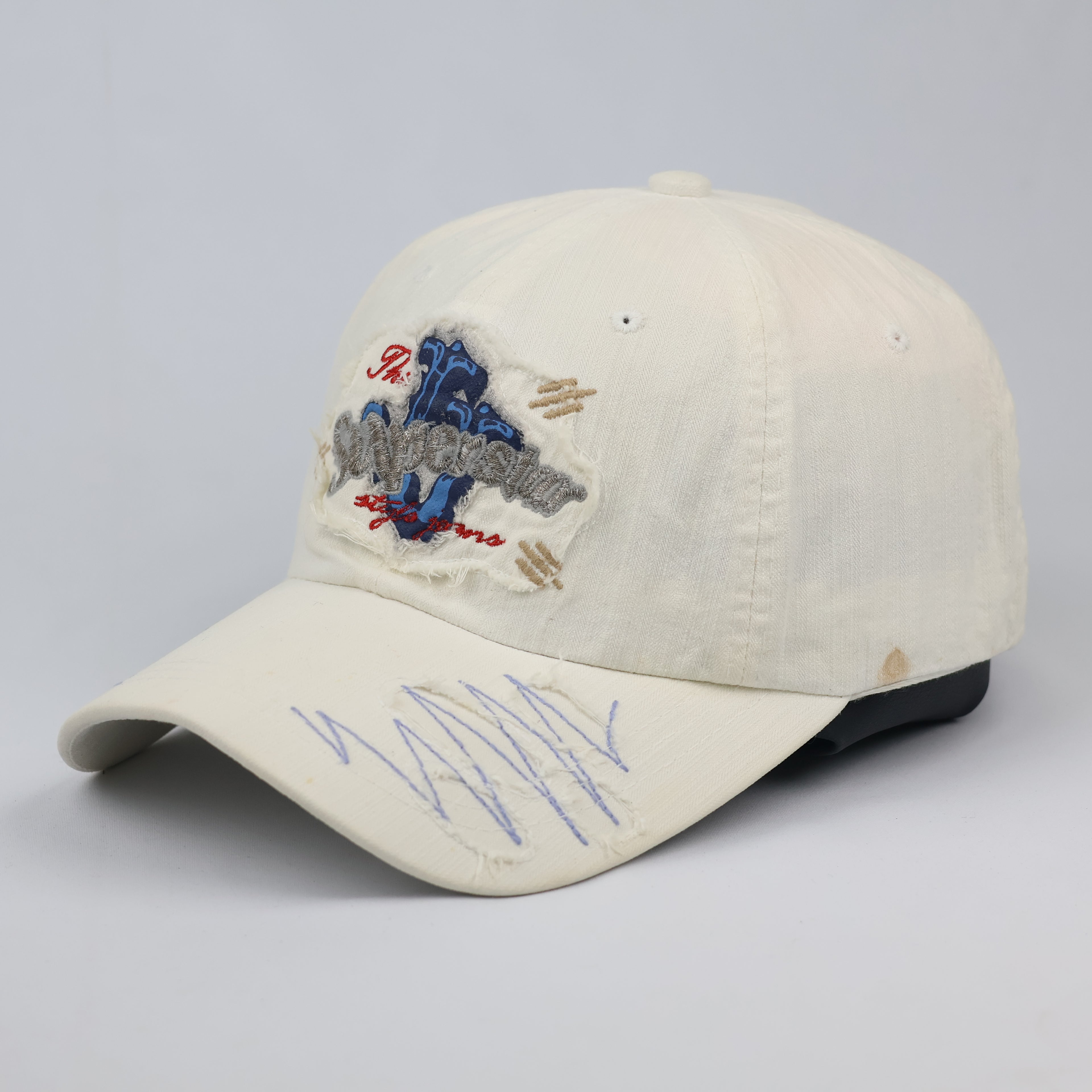 Thrifted Y2K Style Distressed Graphic Cream Dad Hat