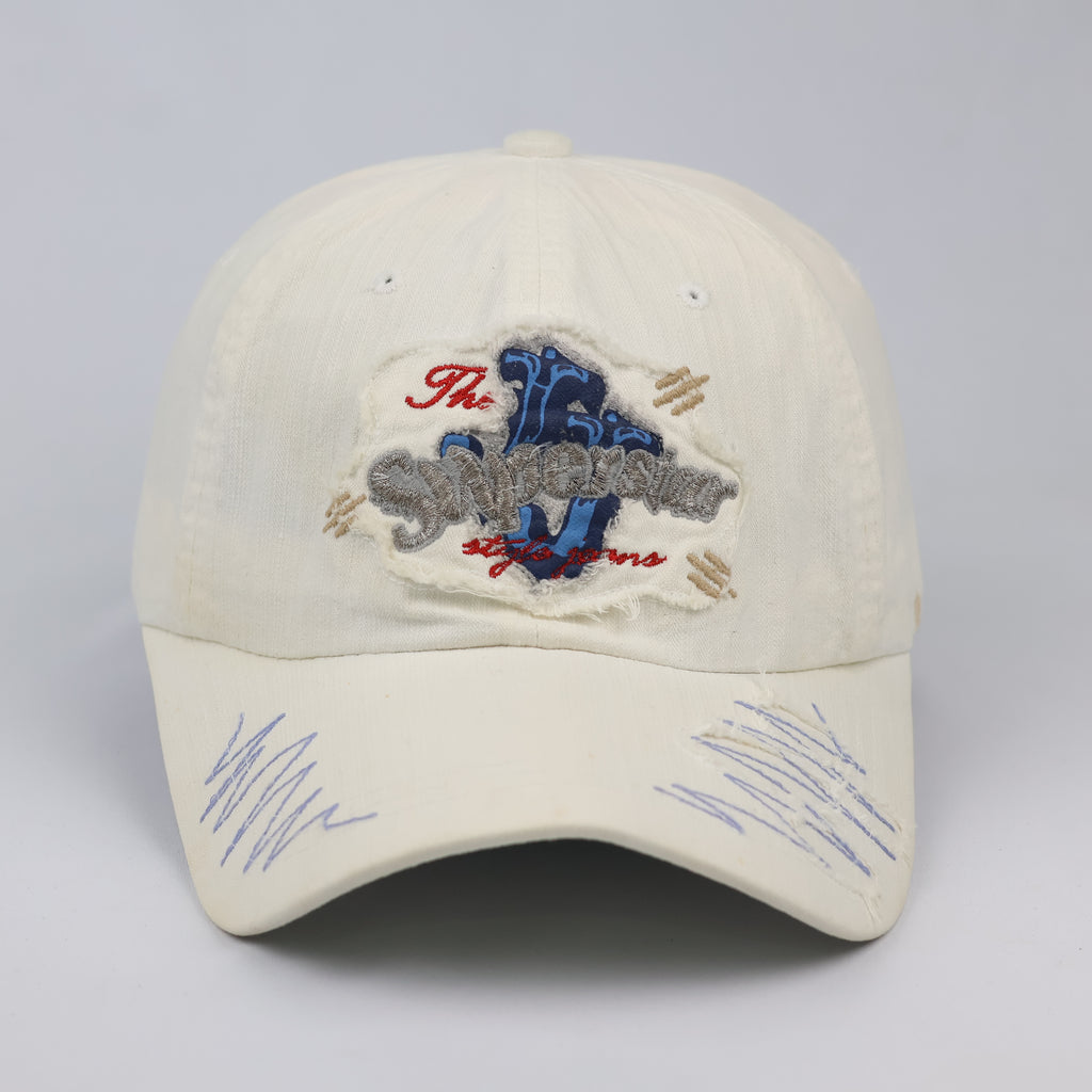 Thrifted Y2K Style Distressed Graphic Cream Dad Hat