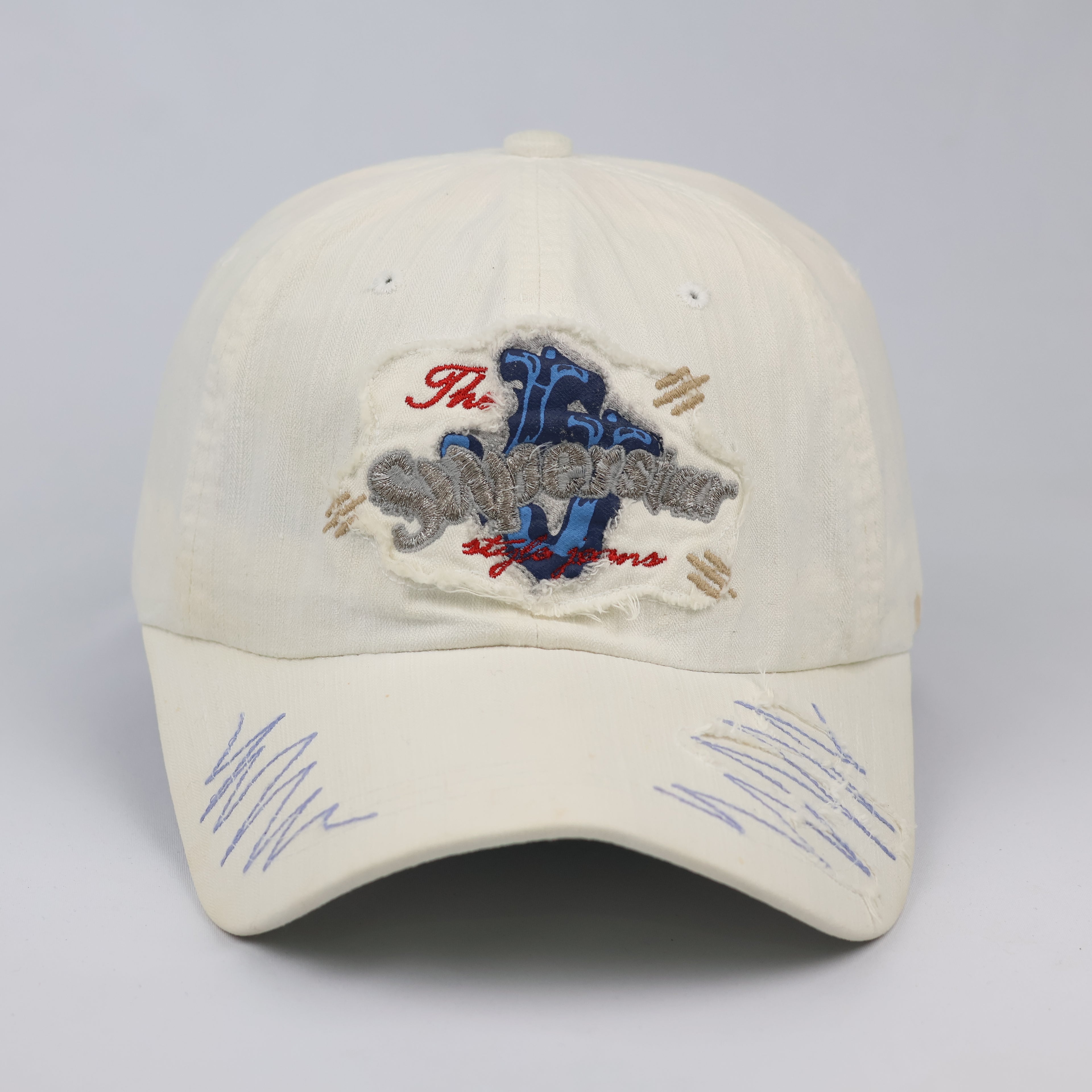 Thrifted Y2K Style Distressed Graphic Cream Dad Hat