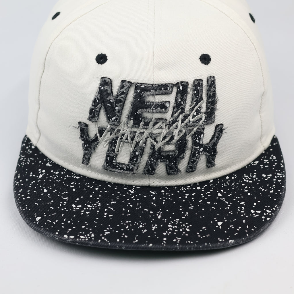 Thrifted NY Spellout Speckled Paint Splatter Flat Brim Cap