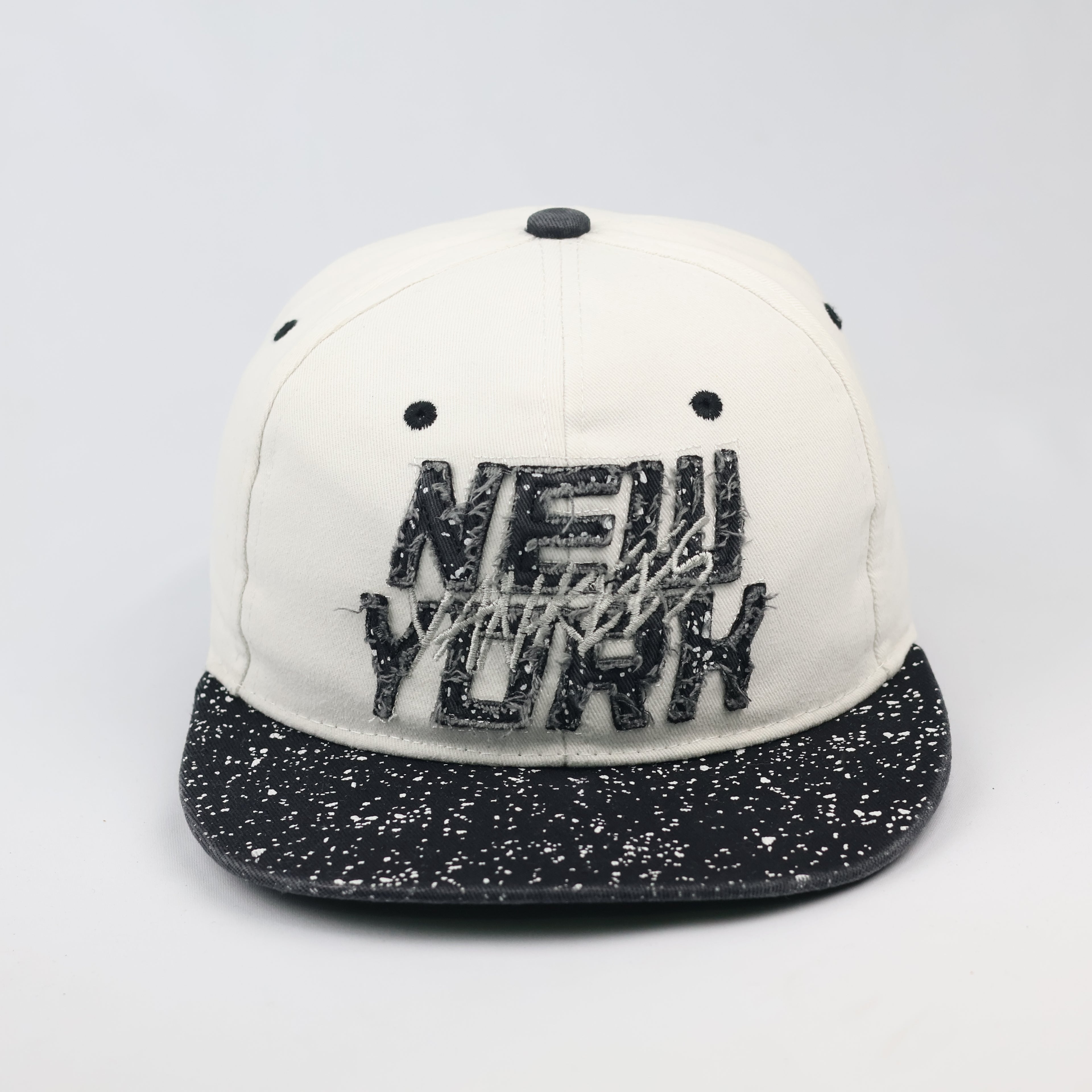 Thrifted NY Spellout Speckled Paint Splatter Flat Brim Cap