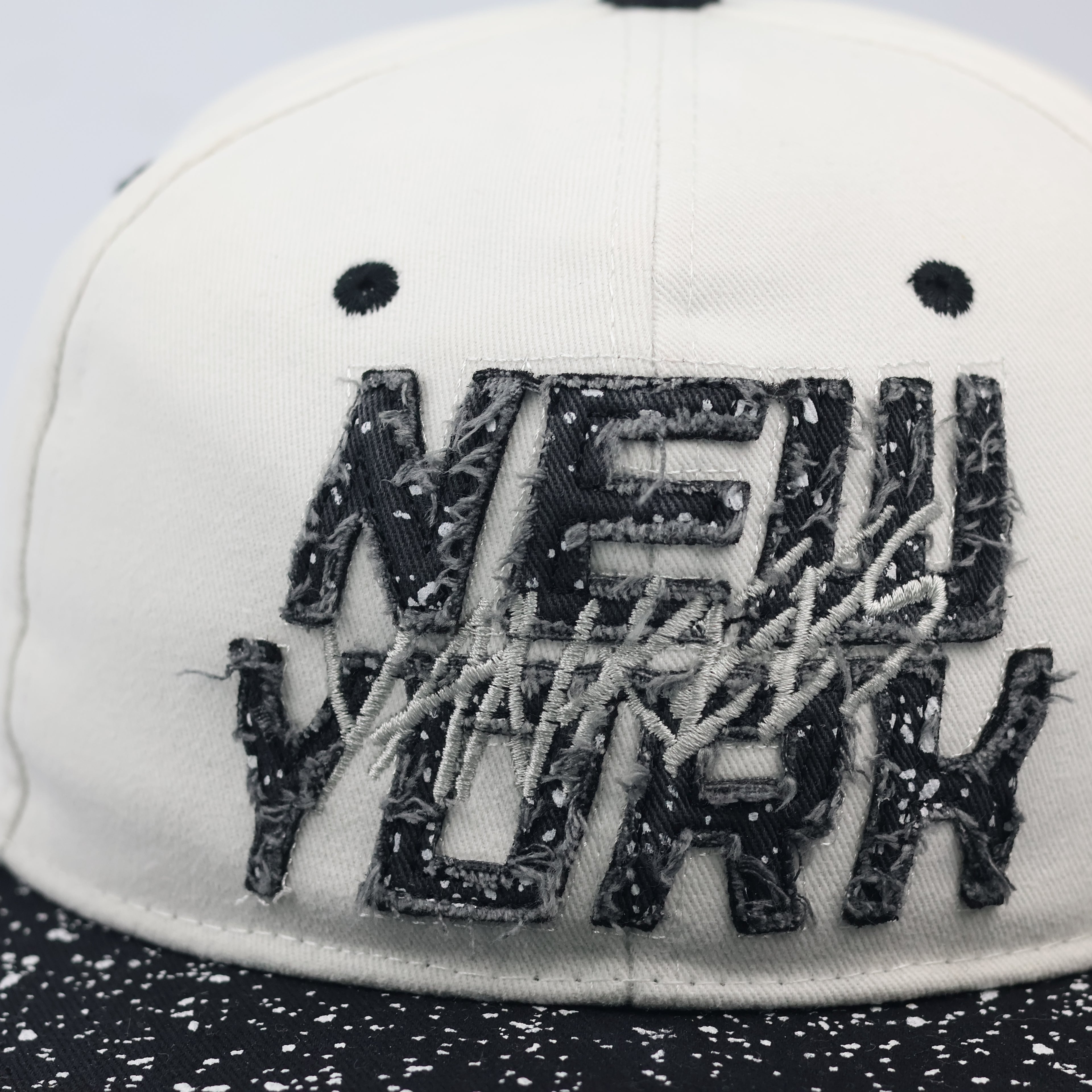 Thrifted NY Spellout Speckled Paint Splatter Flat Brim Cap