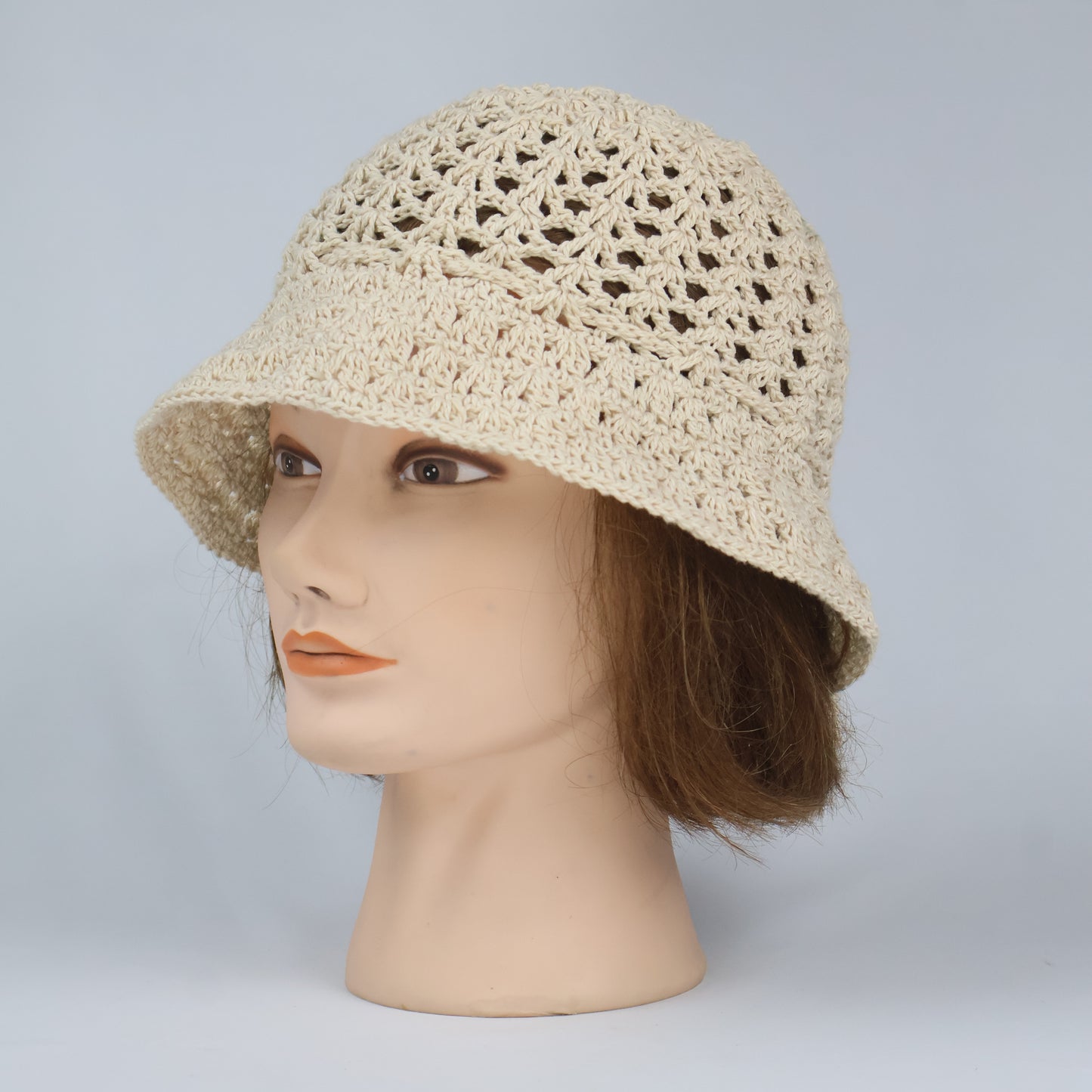 Hand-Woven Style Crochet Bucket Hat - Ecru/Beige (One Size)